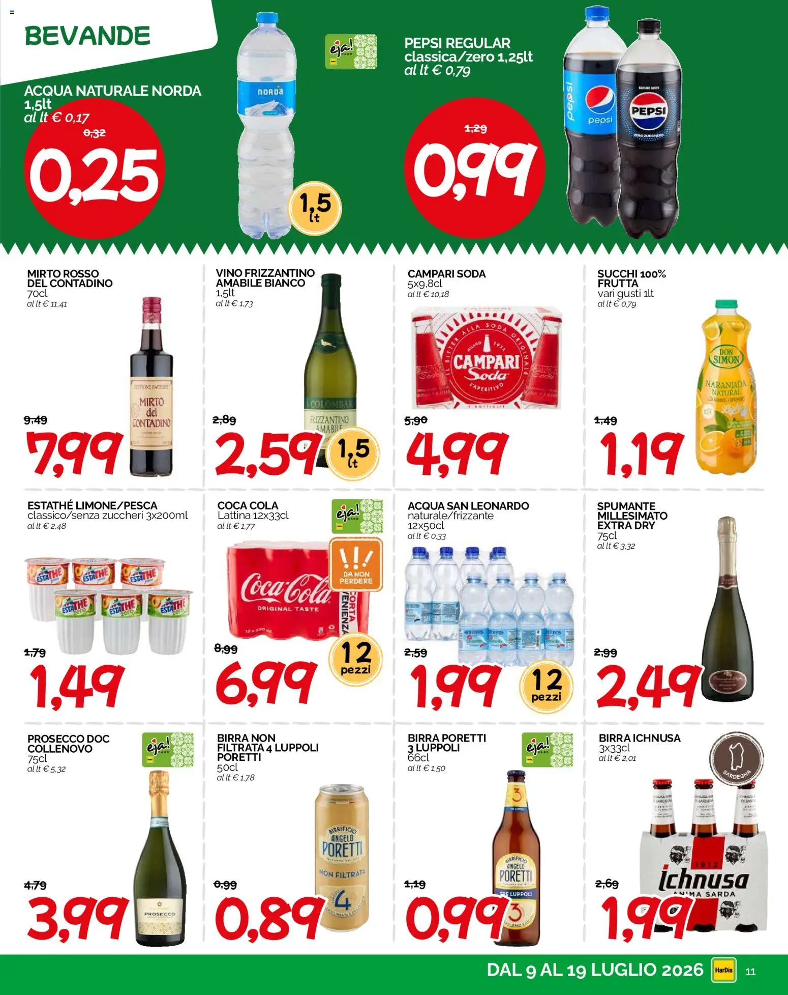 Volantino HarDis del 09/07/2026 | Pagina: 11 | Prodotti: Birra, Acqua, Spumante, Coca Cola
