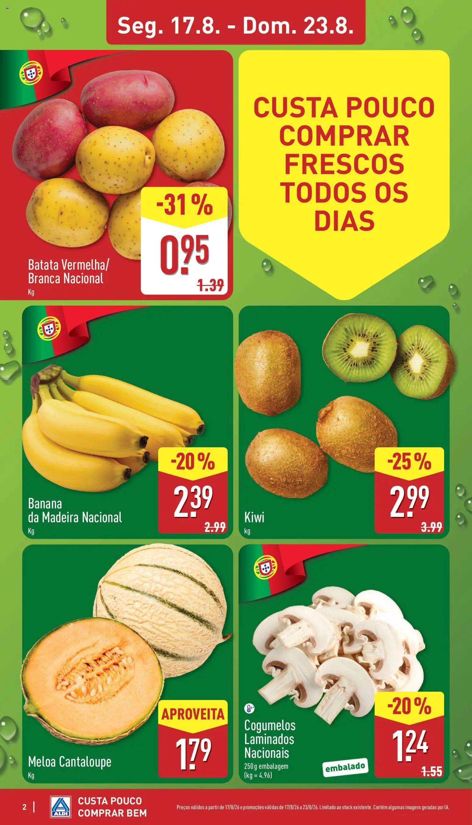 Aldi folheto │ válido de 17/08/2026 | Página: 2 | Produtos: Batata, Bananas, Kiwi, Cogumelos