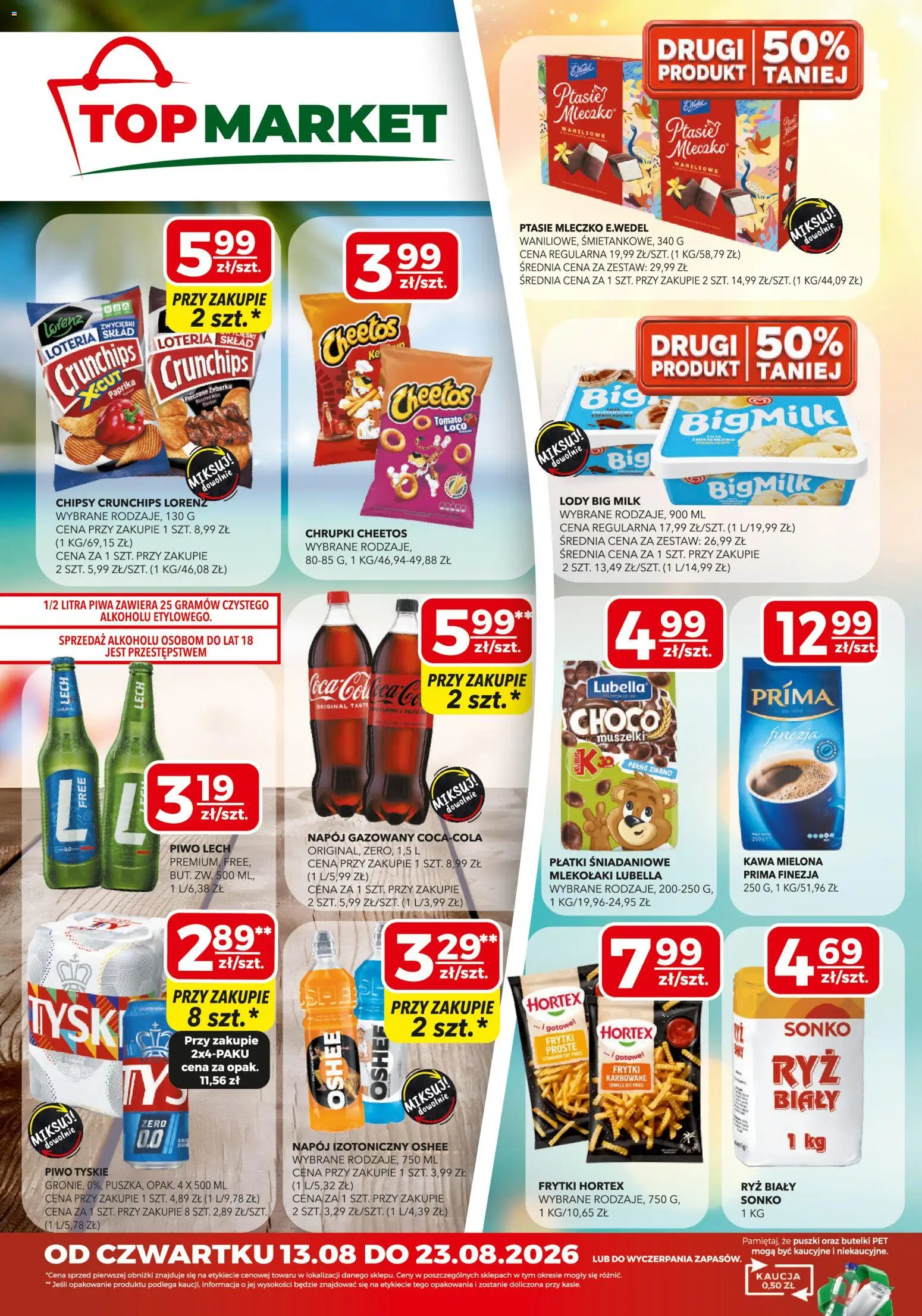 Top Market gazetka mini od 13.08.2026 | Strona: 1 | Produkty: Chrupki, Tyskie, Kawa, Płatki