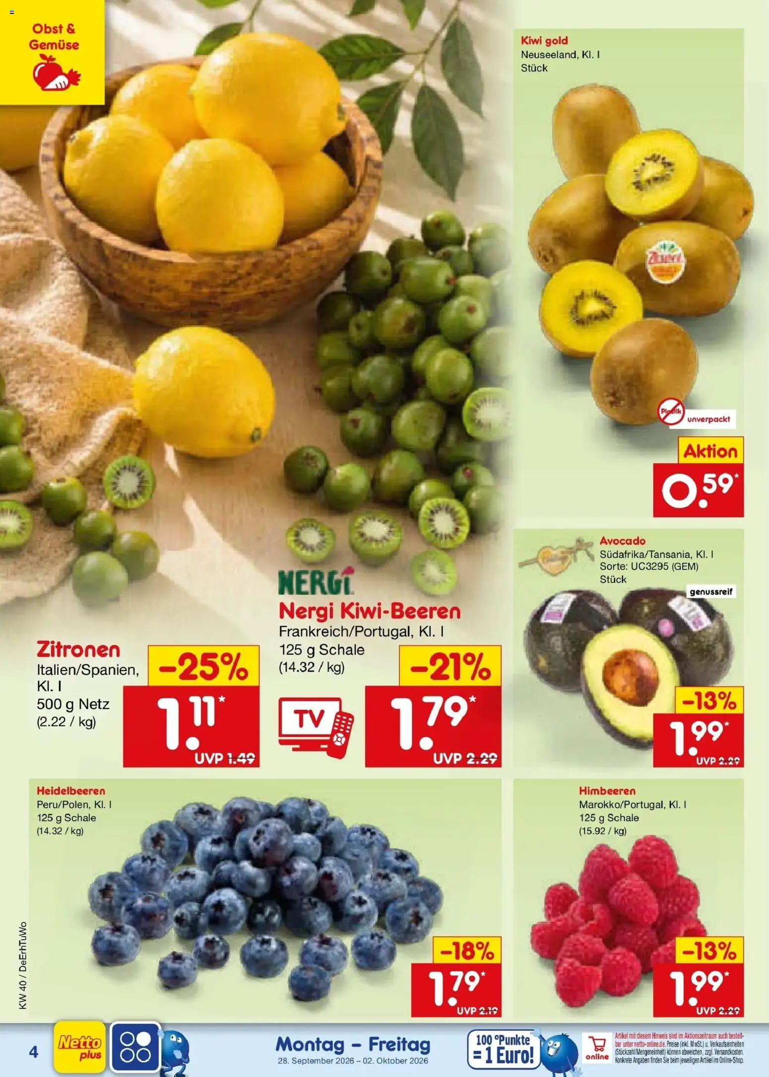 Netto Marken-Discount Prospekt Metten – gültig ab 28.09.2026 | Seite: 4 | Produkte: Himbeeren, Avocado, Obst, Zitronen