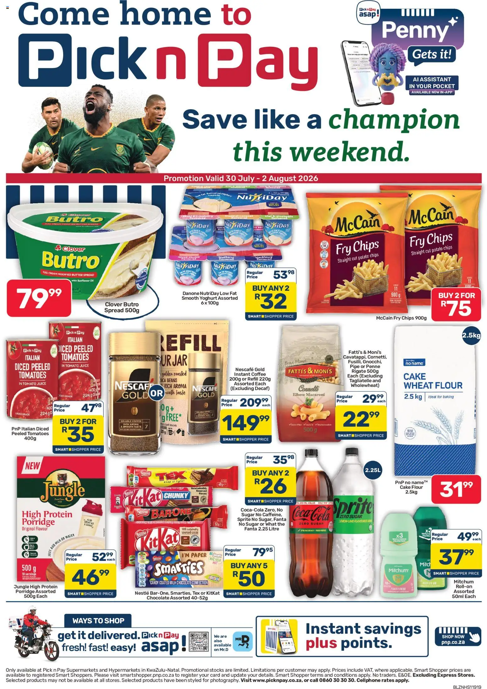 New Pick n Pay catalogue – valid from 30/07/2026 | Page: 1 | Products: Cake, Milk, Coffee, Chips