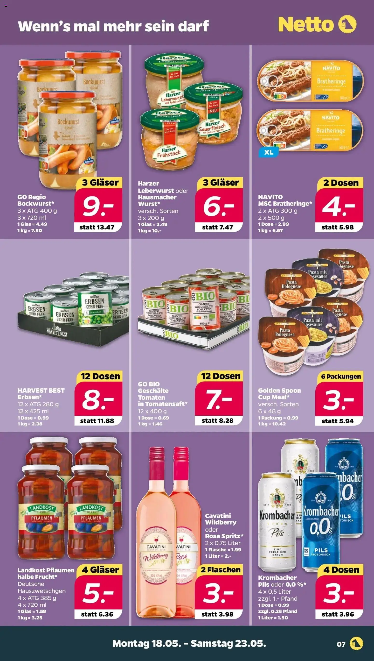 Netto Wochenangebote – gültig ab 18.05.2026 | Seite: 7 | Produkte: Tomaten, Krombacher, Pasta, Erbsen