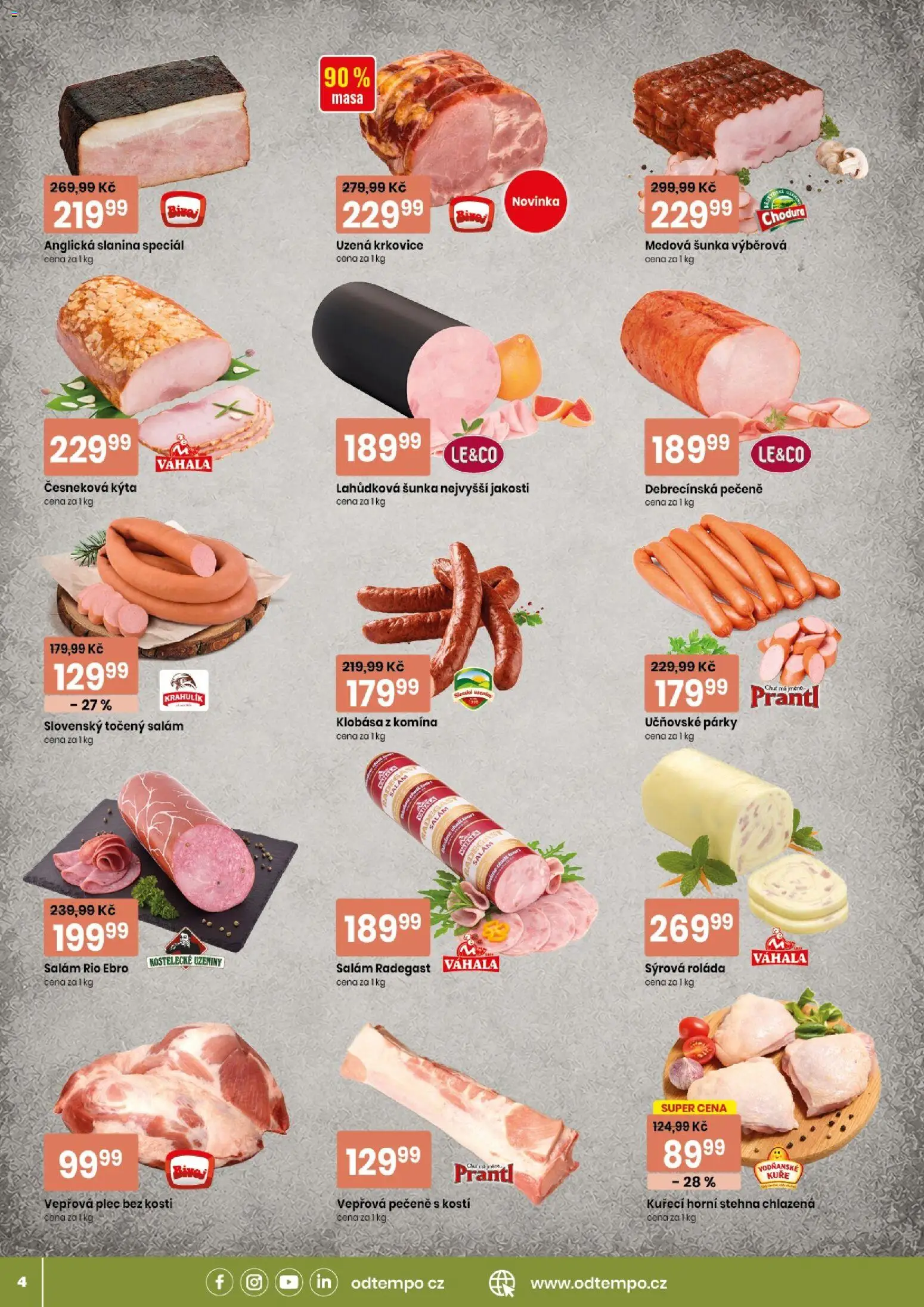 Tempo leták od 07.10.2026 | Strana: 4 | Produkty: Salám, Klobása, Anglická slanina, Kuře