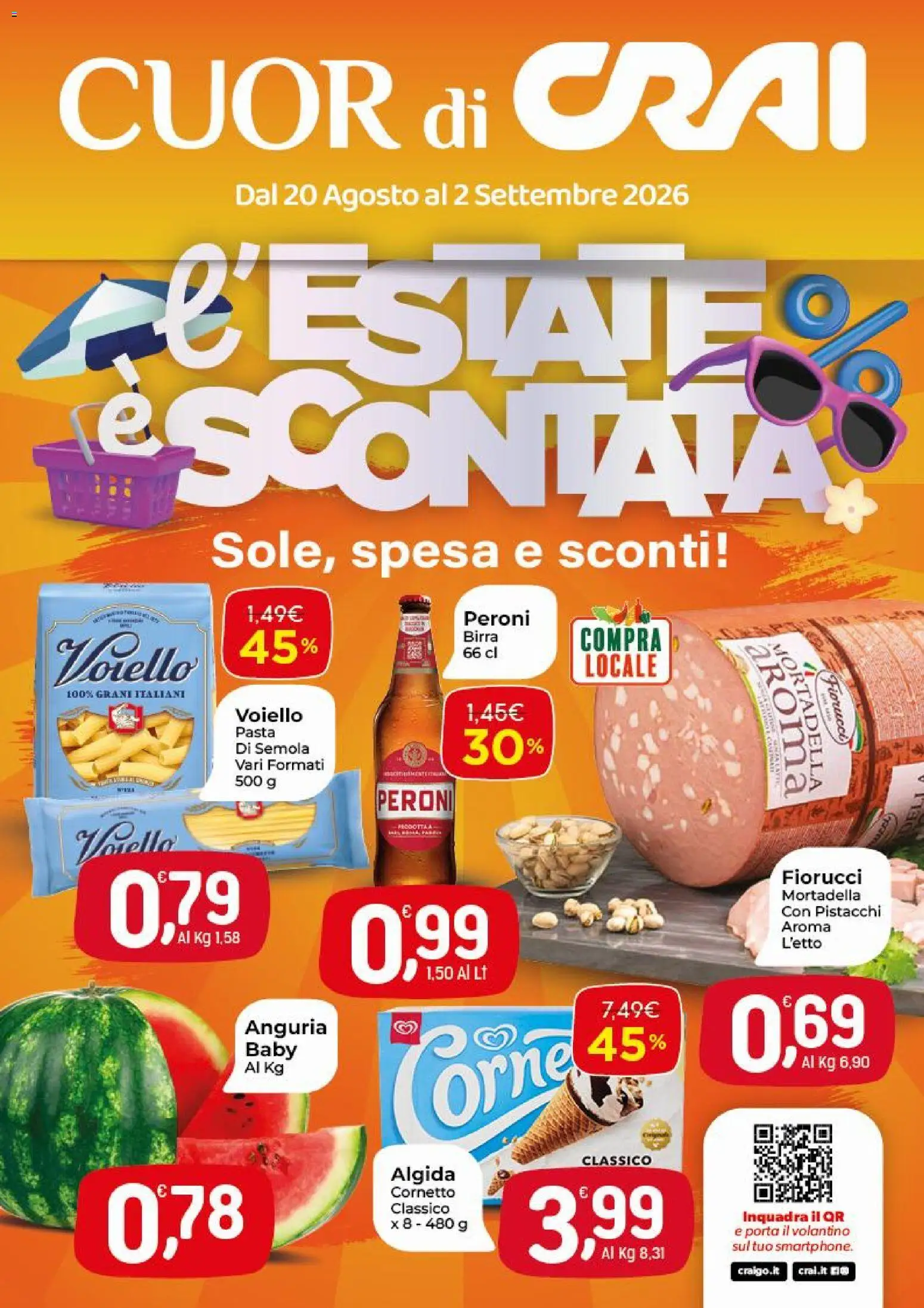 Volantino CRAI del 20/08/2026 | Pagina: 1 | Prodotti: Porta, Cornetto, Voiello, Pasta