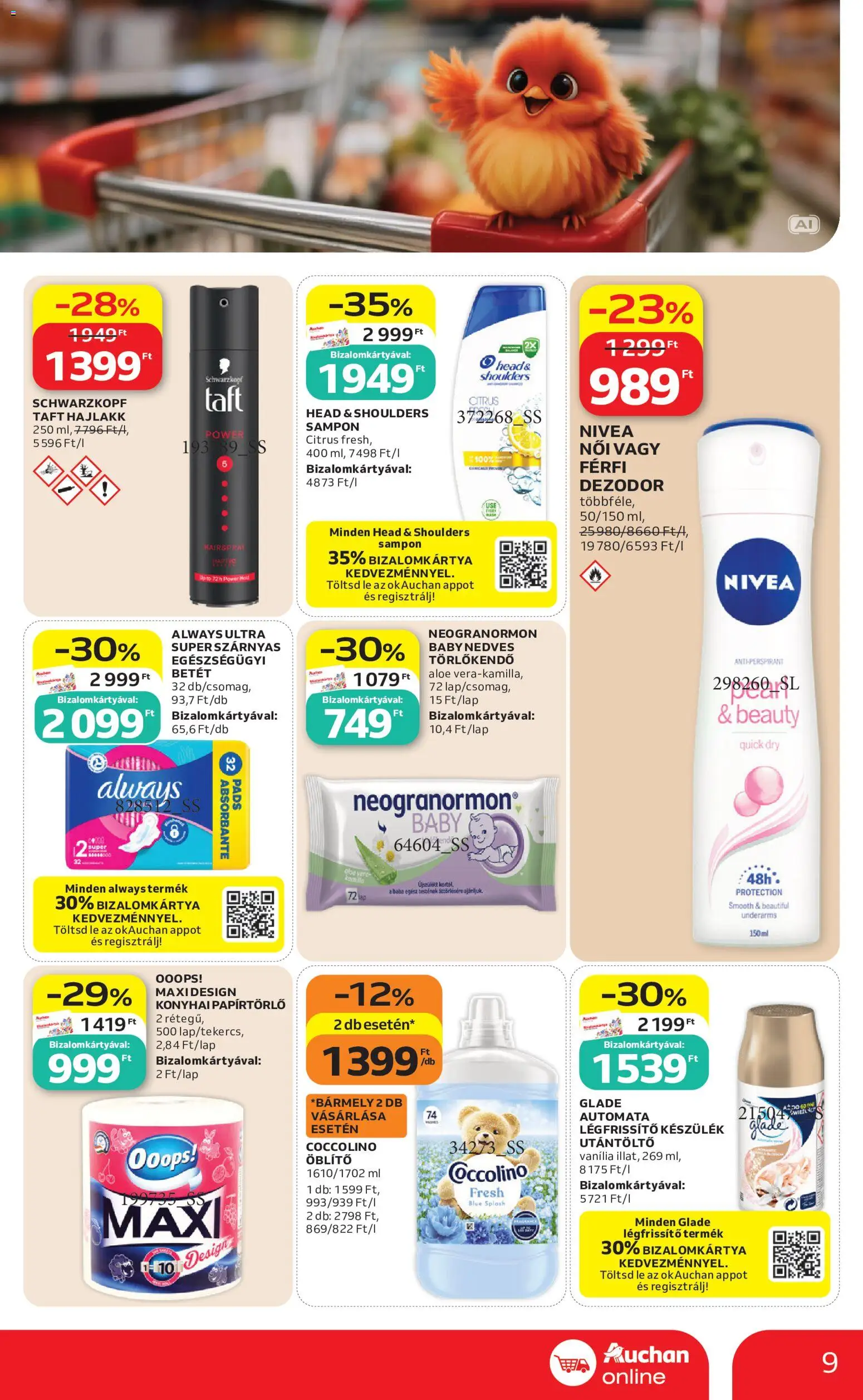 Auchan akciós ujság - amely érvényes a következő dátumtól: 2026.09.10. | Oldal: 9 | Termékek: Férfi dezodor, Nivea, Hajlakk, Always