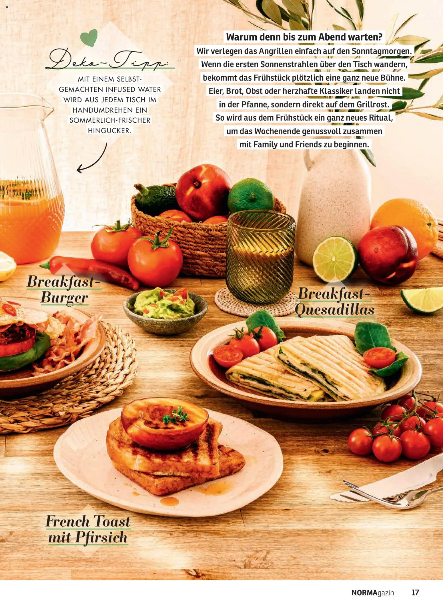 Norma NORMAgazin Mai/Juni 2026 – gültig ab 01.05.2026 | Seite: 17 | Produkte: Tisch, Burger, Obst, Pfirsich