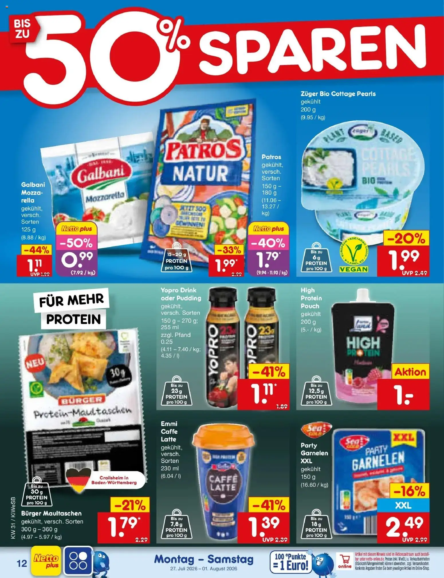 Netto Marken-Discount Prospekt Bad Friedrichshall – gültig ab 27.07.2026 | Seite: 20 | Produkte: Mozzarella, Garnelen, Patros, Maultaschen