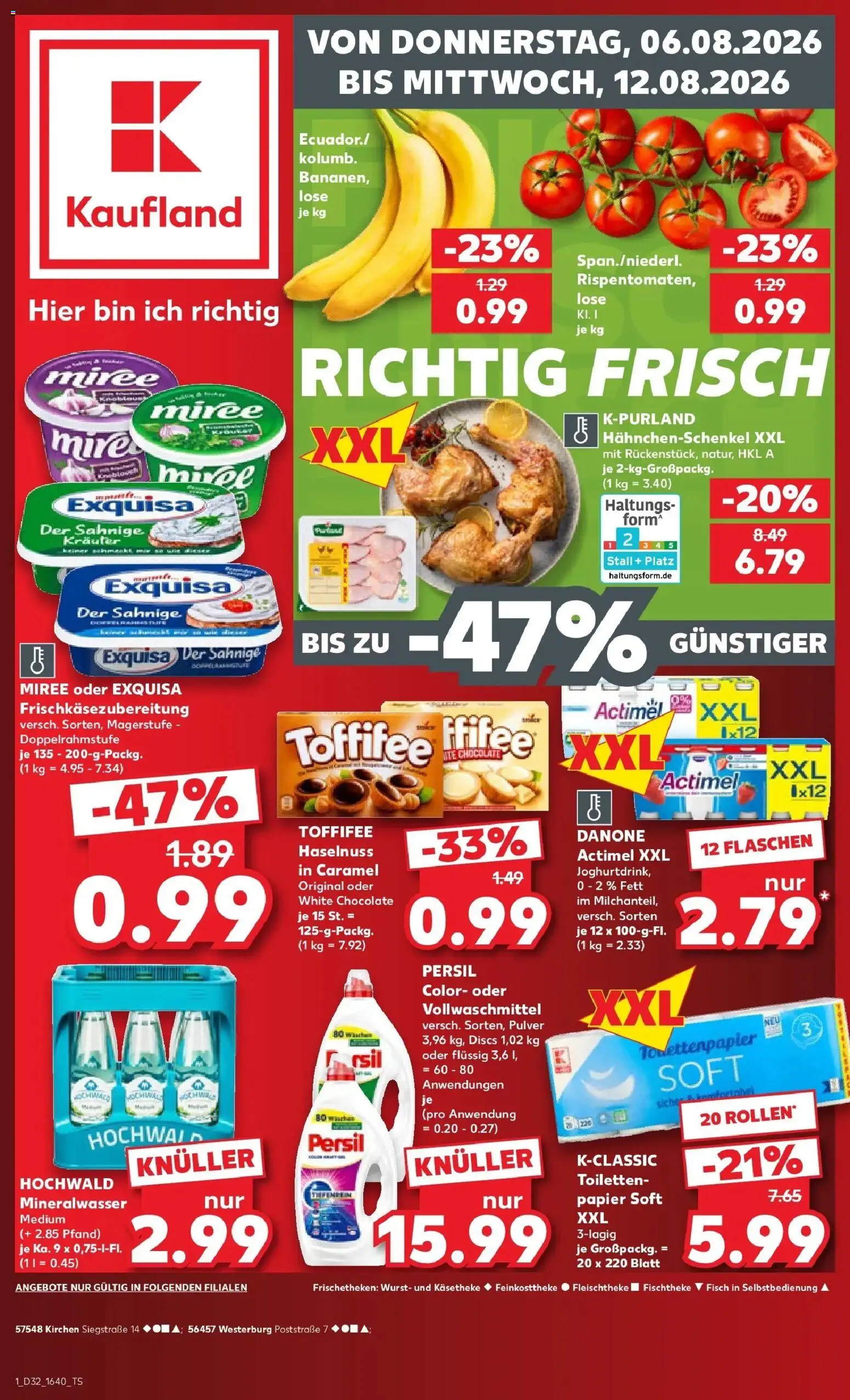 Prospekt Kaufland ab 06.08.2026 » Angebote Online zum Blättern | Seite: 1 | Produkte: Hahnchenschenkel, Exquisa, Wurst, Persil