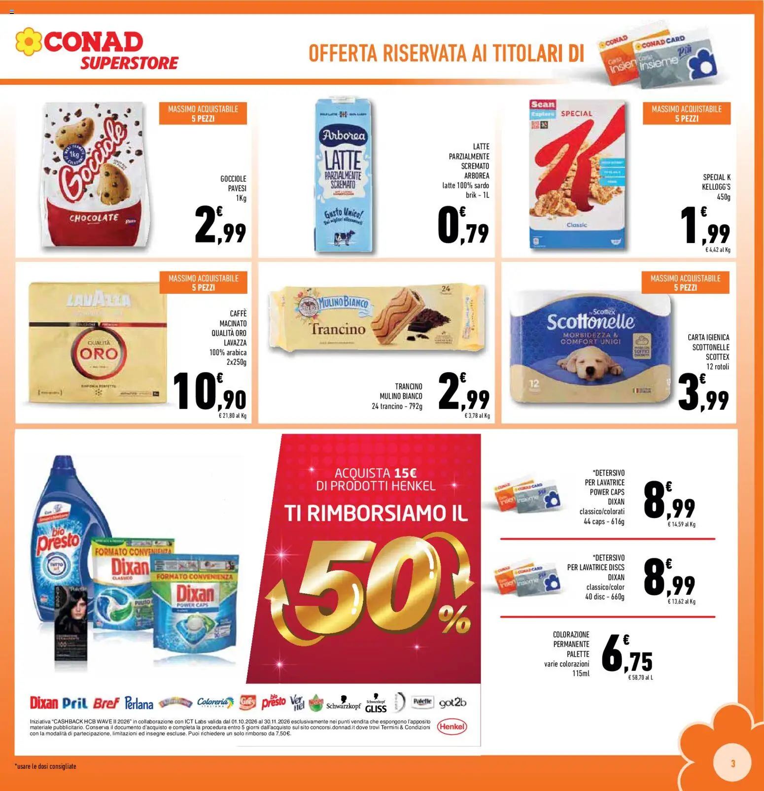 Volantino Conad del 21/10/2026 | Pagina: 3 | Prodotti: Carta igienica, Latte, Lavatrice, Latte parzialmente scremato