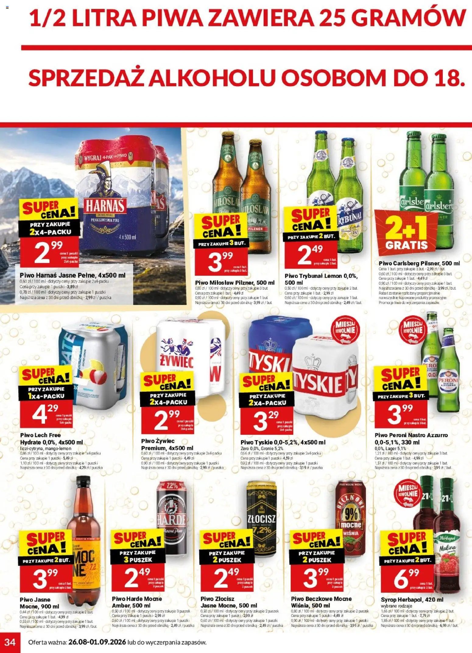 Twój Market gazetka od 26.08.2026 | Strona: 34 | Produkty: Malina, Lech, Piwo Harnaś, Piwo Carlsberg