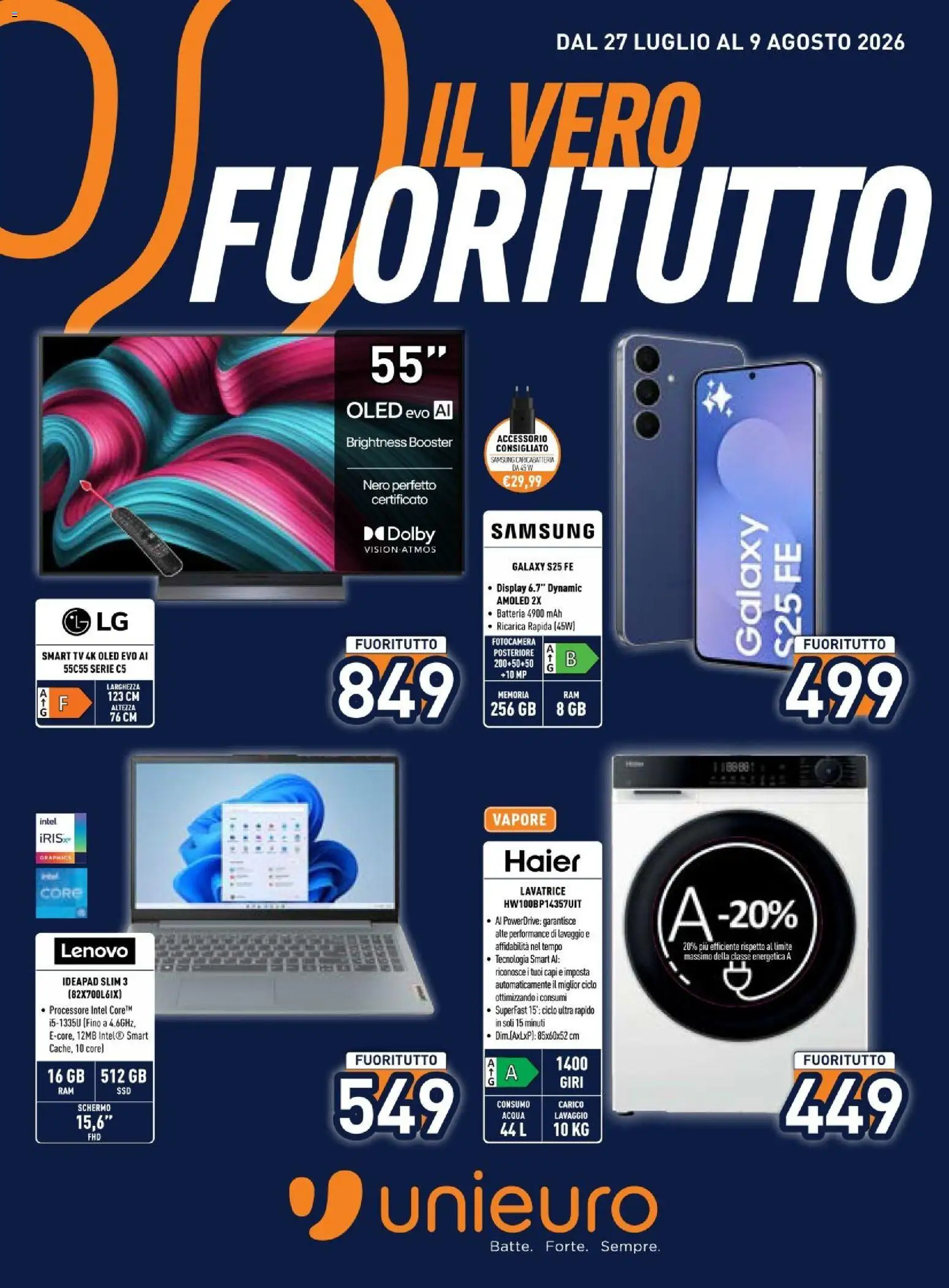 Volantino Unieuro del 27/07/2026 | Pagina: 1 | Prodotti: smart TV, Acqua, Lavatrice, Batteria