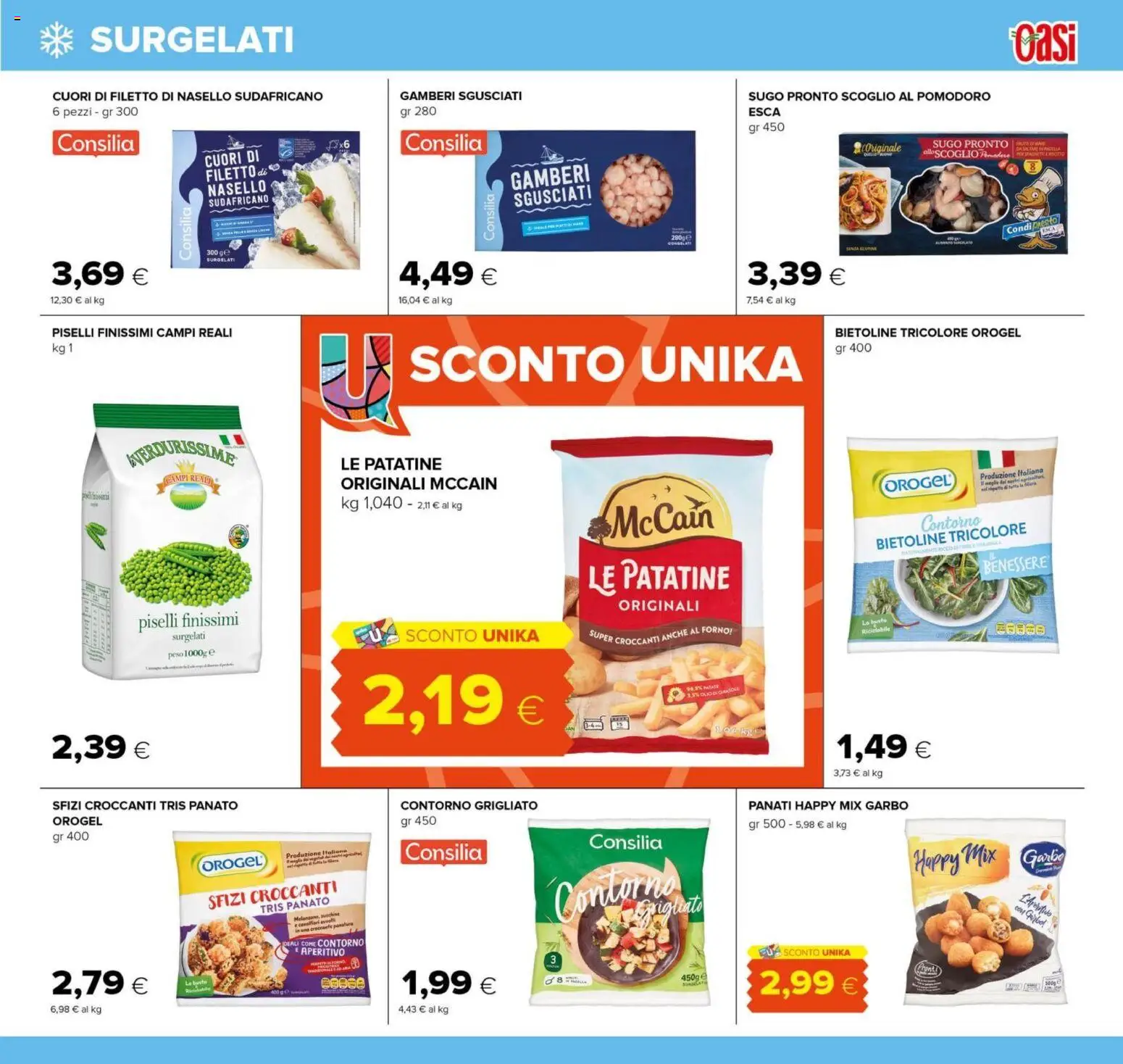Volantino Oasi del 29/07/2026 | Pagina: 11 | Prodotti: Gamberi, Piselli, Forno, Nasello