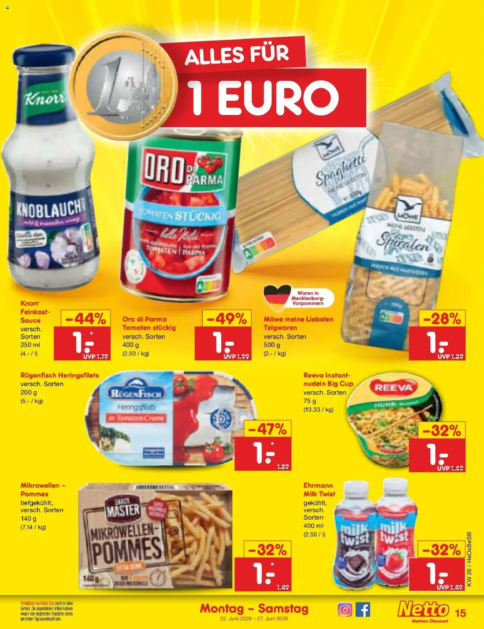 Netto Marken-Discount Prospekt Kröpelin – gültig ab 21.06.2026 | Seite: 19 | Produkte: Tomaten, Knorr, Knoblauch, Nudeln