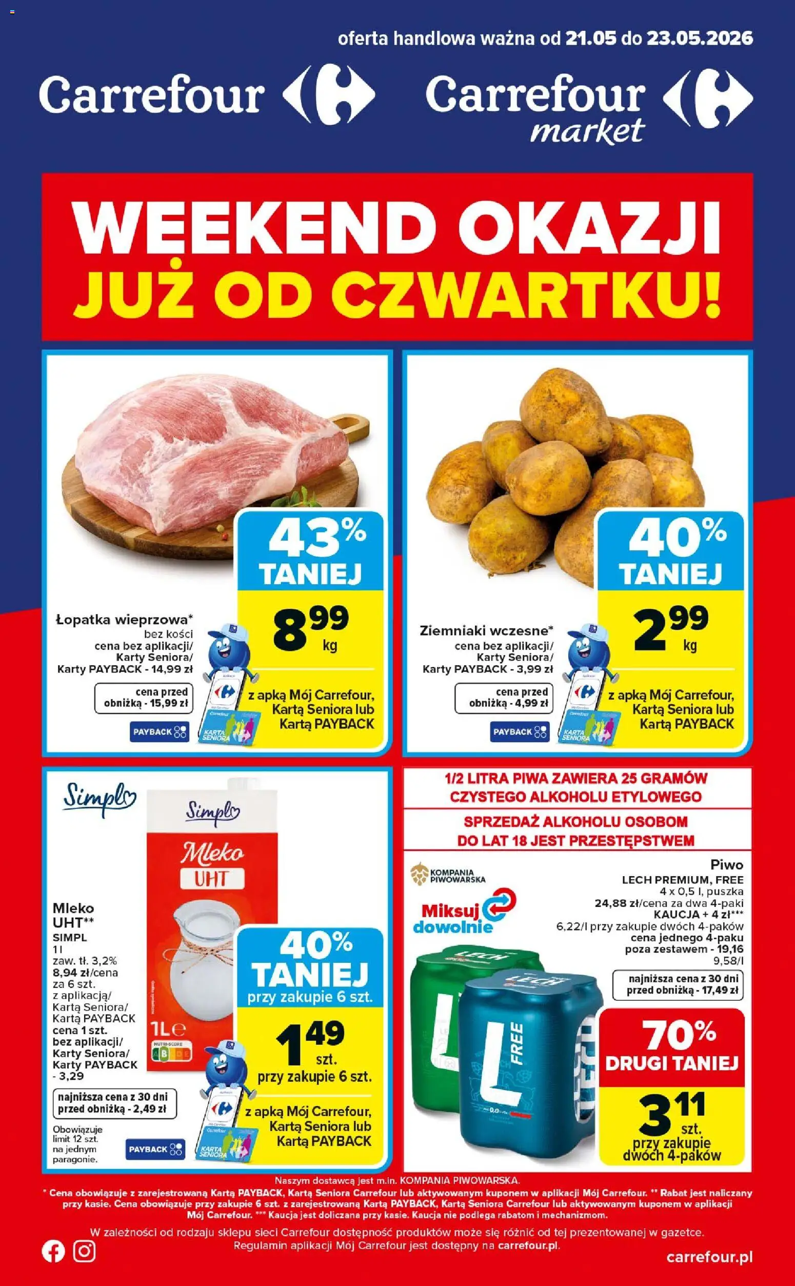 Carrefour gazetka - Weekend okazji od 21.05.2026 | Strona: 1 | Produkty: Karta, Mleko, Piwo, Ziemniaki