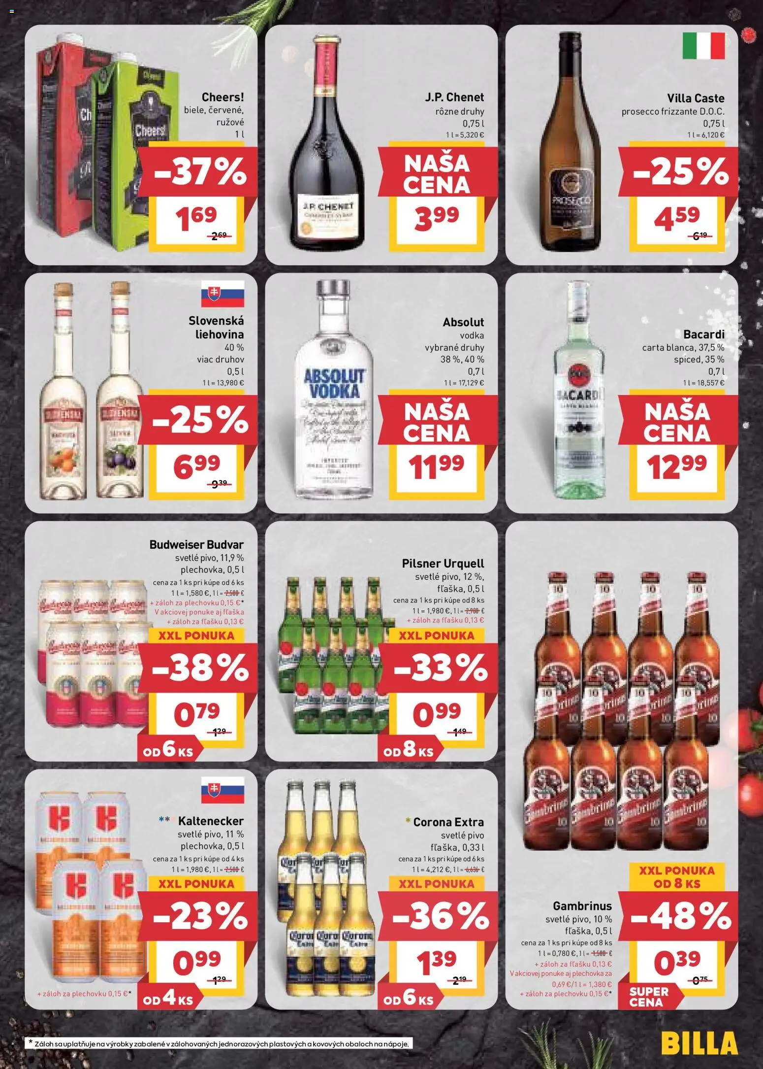 Nové Billa akcie – leták je platný od 05.08.2026 | Strana: 19 | Produkty: Pilsner Urquell, Prosecco, Corona Extra, Rum