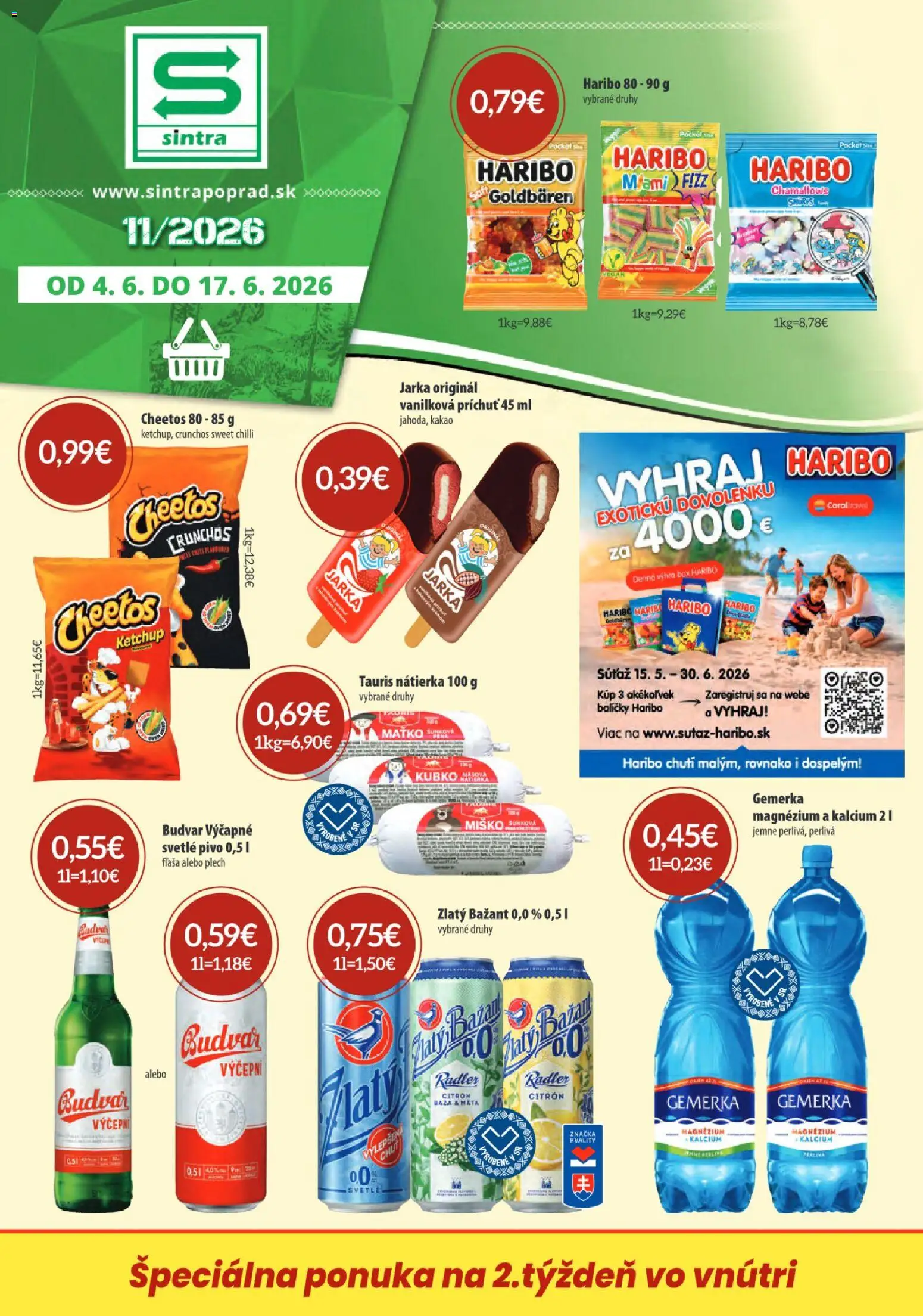 Nové Sintra akcie – leták je platný od 04.06.2026 | Strana: 1 | Produkty: Pivo, Chilli, Zlatý Bažant, Kakao