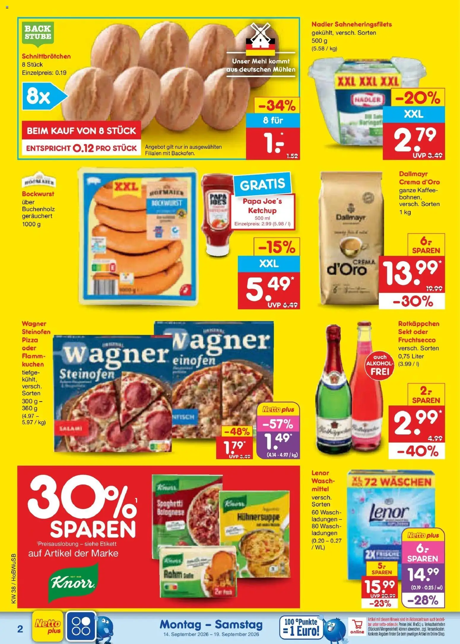 Netto Marken-Discount Prospekt Hannover – gültig ab 14.09.2026 | Seite: 2 | Produkte: Bockwurst, Kaffee, Sekt, Kuchen