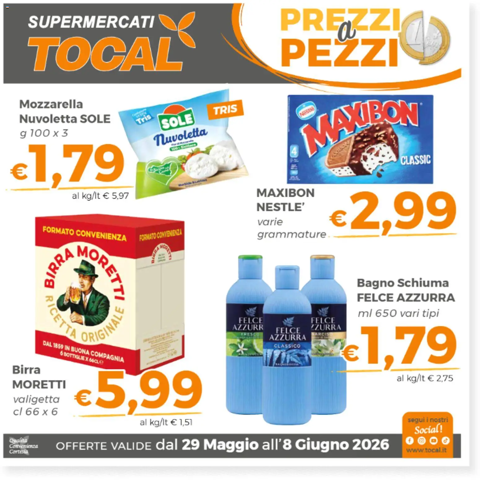 Volantino Tocal del 29.05.2026 | Pagina: 1 | Prodotti: Mozzarella, Birra Moretti, Valigetta, Bagno