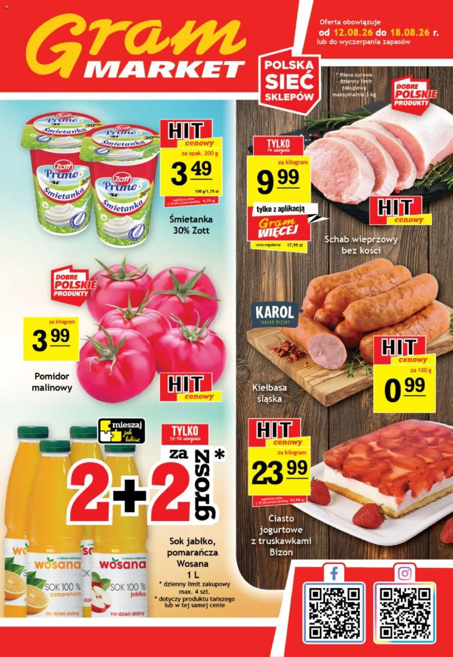 Gram Market gazetka od 12.08.2026 | Strona: 1 | Produkty: Schab, Schab wieprzowy, Ciasto, Sok