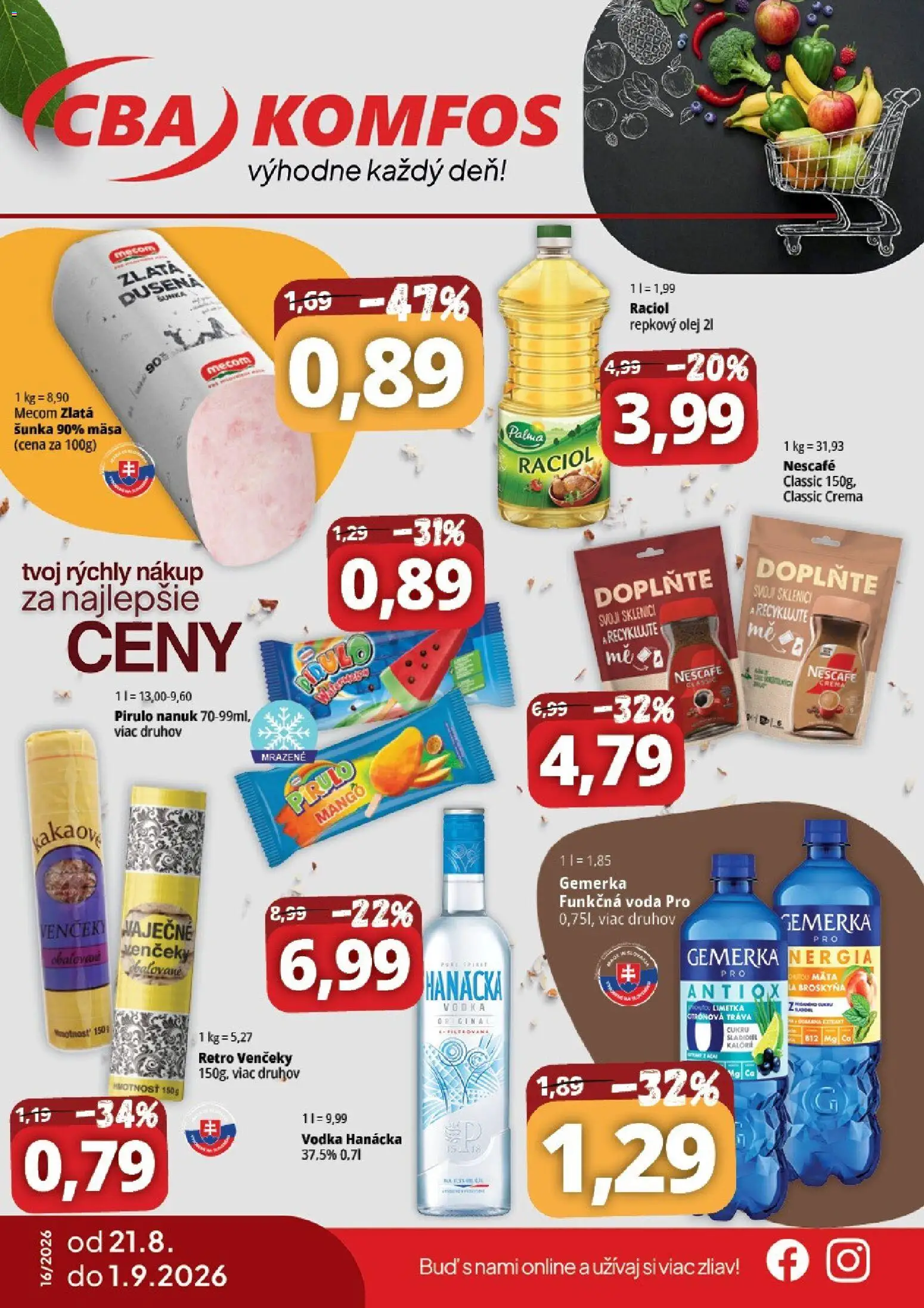 Nové CBA Komfos akcie – leták je platný od 21.08.2026 | Strana: 1 | Produkty: Klobása, Mäso, Maska, Párky