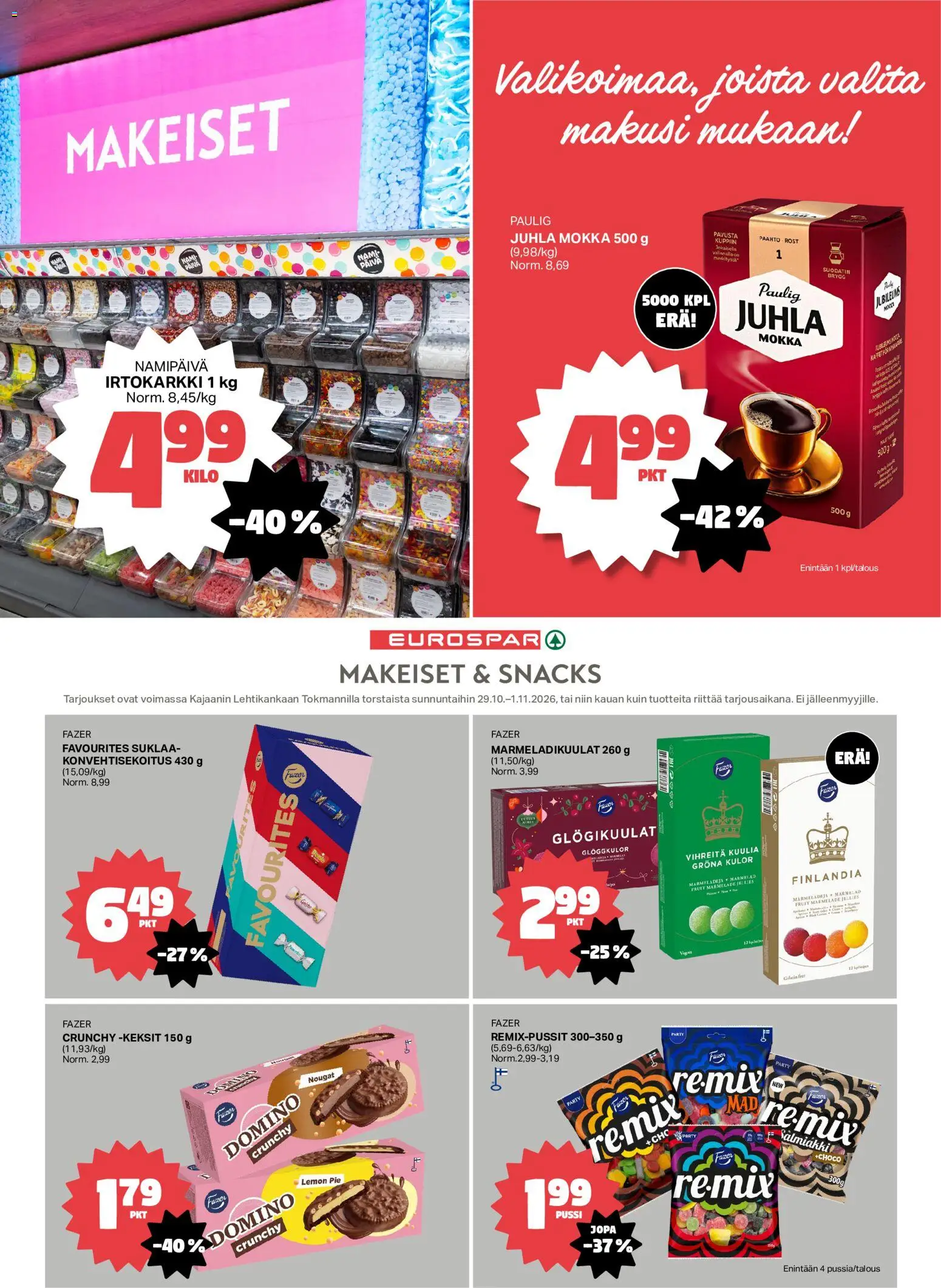 Tokmanni Eurospar Kajaani – voimassa 29/10/2026 alkaen | Sivu: 6 | Tuotteet: Juhla Mokka, Suklaa, Keksit
