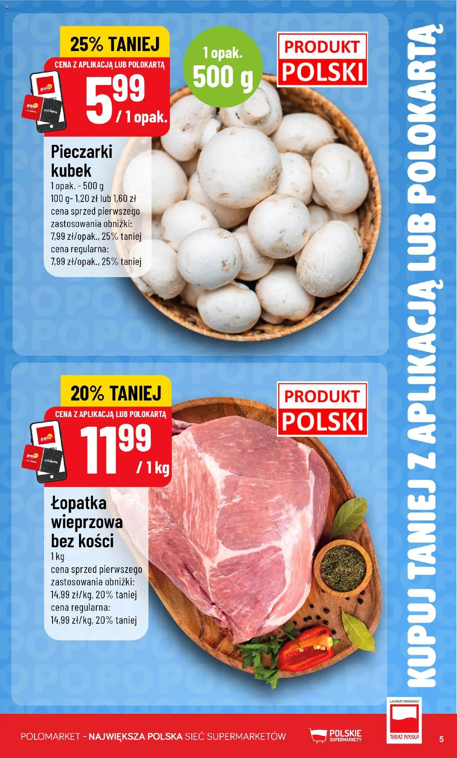 Nowa POLOmarket gazetka od jutra 09.09.2026 | Strona: 5 | Produkty: Łopatka wieprzowa bez kości, Pieczarki, Łopatka wieprzowa