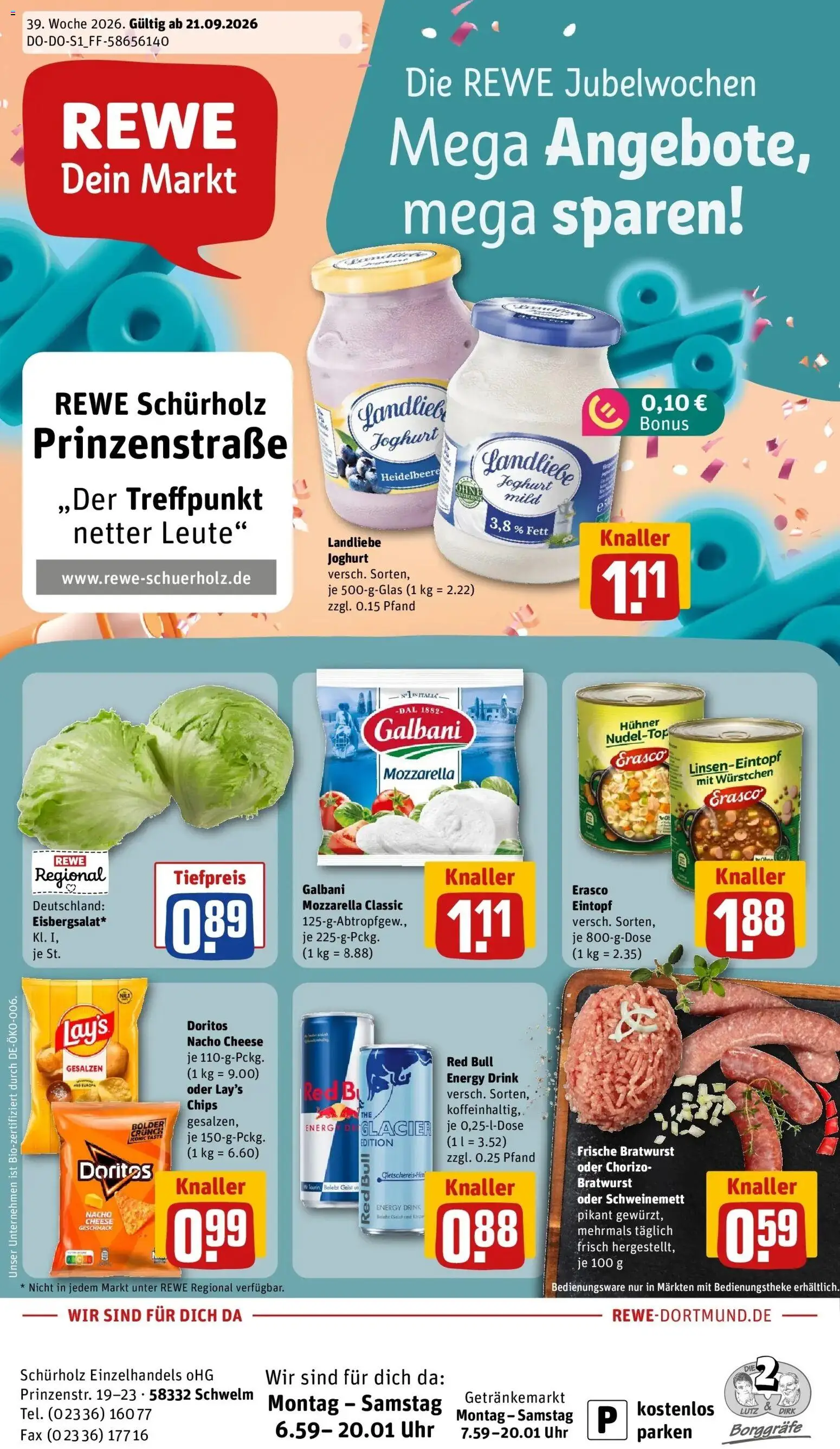 REWE Prospekt ab 21.09.2026 zum Blättern » Angebote | Seite: 1 | Produkte: Red bull, Mozzarella, Erasco, Chips