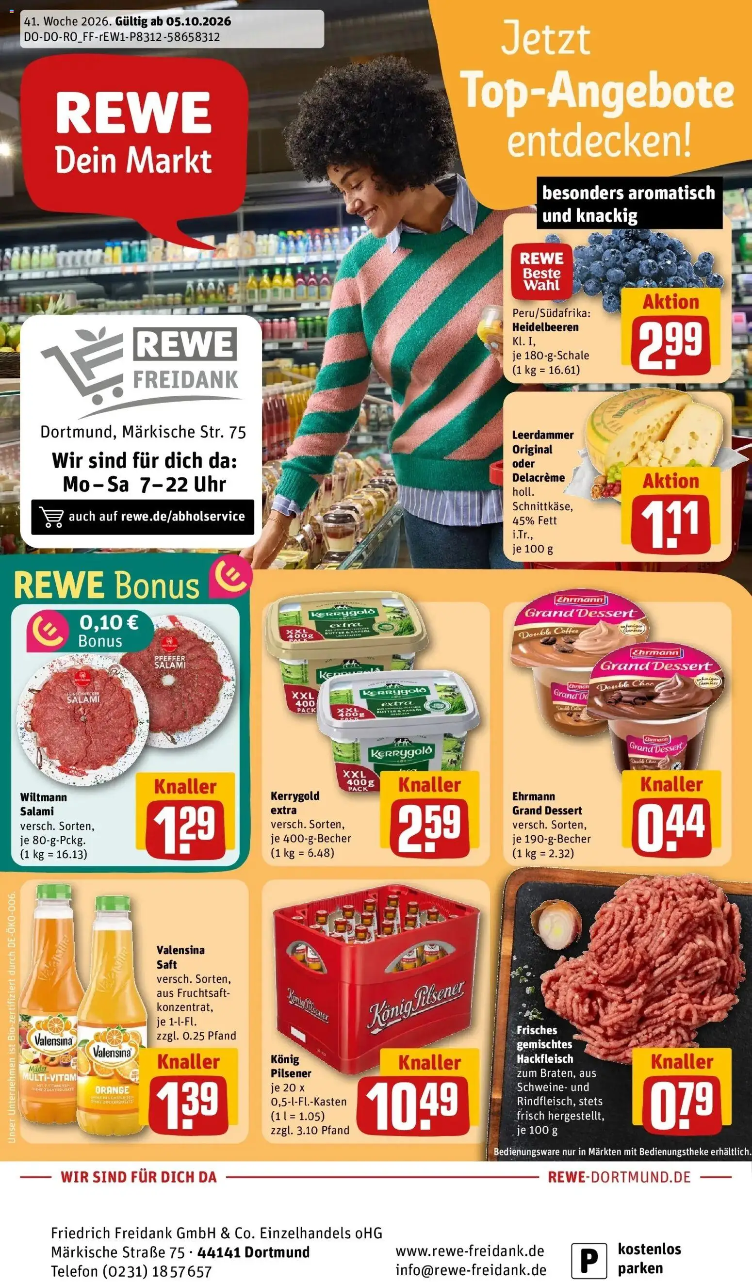 REWE Prospekt ab 05.10.2026 zum Blättern » Angebote | Seite: 1 | Produkte: Rapsöl, Leerdammer, Salami, Fruchtsaft