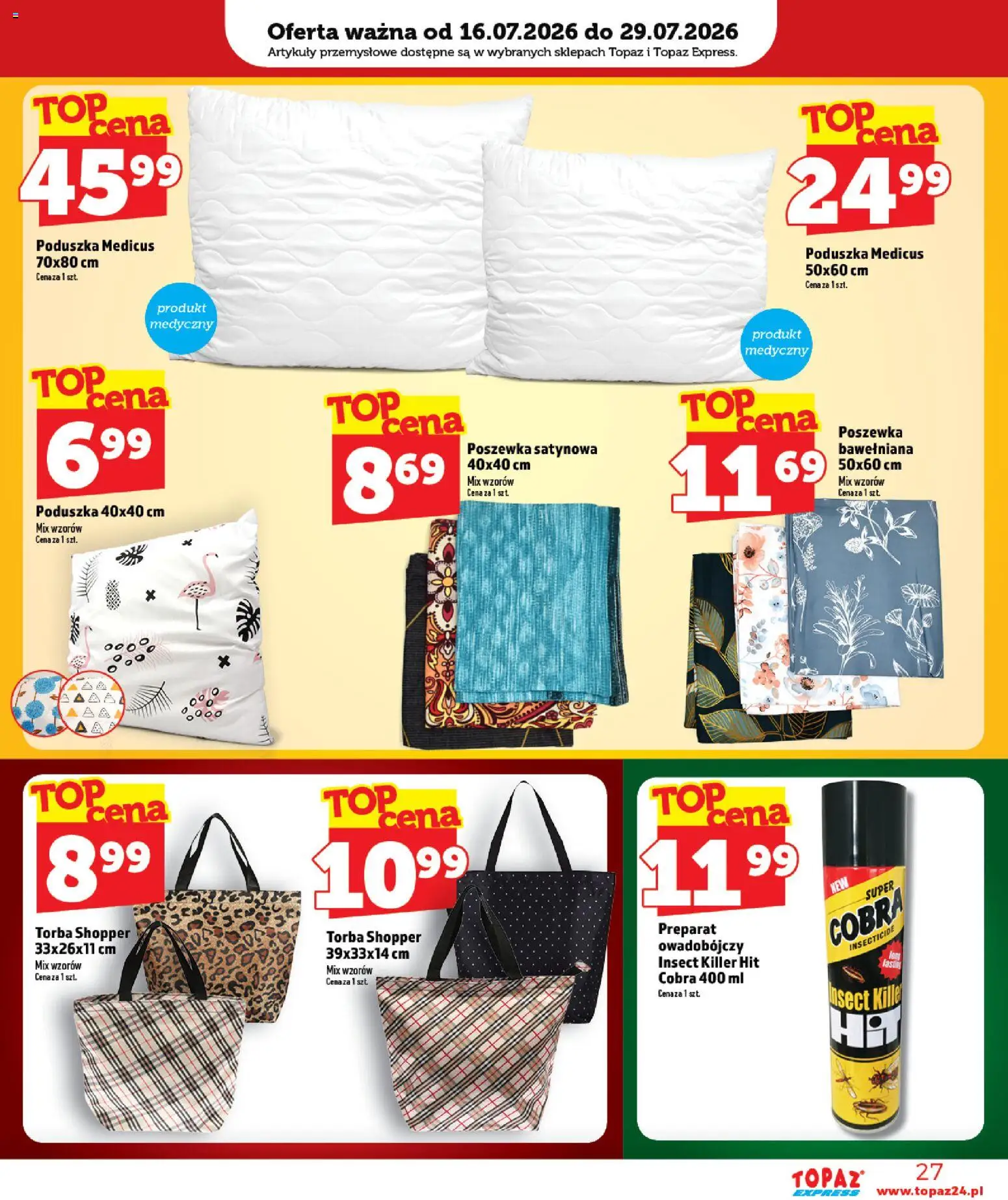 Topaz gazetka - Express od 16.07.2026 | Strona: 27 | Produkty: Torba, Poduszka, Artykuły przemysłowe