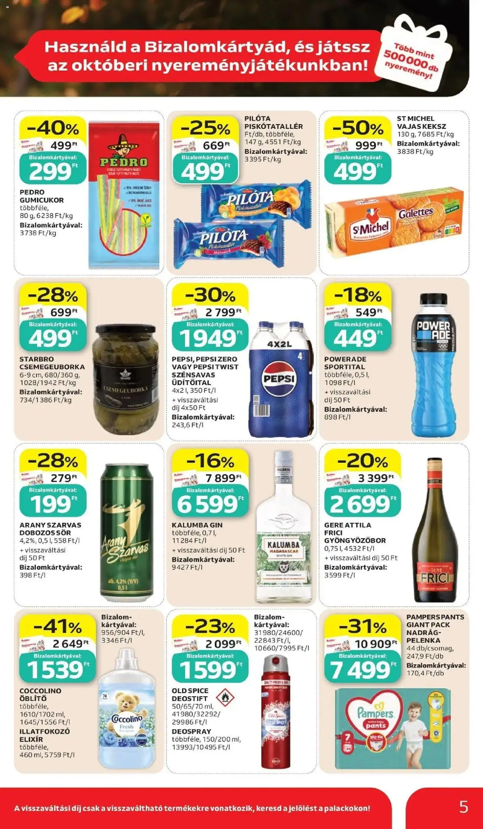 Auchan akciós újság Szolnok - 2026.10.15. -tól/töl > akció, lapozható szórólap 🛍️ | Oldal: 5 | Termékek: Pepsi Zero, Piskótatallér, Öblítő, Kalumba
