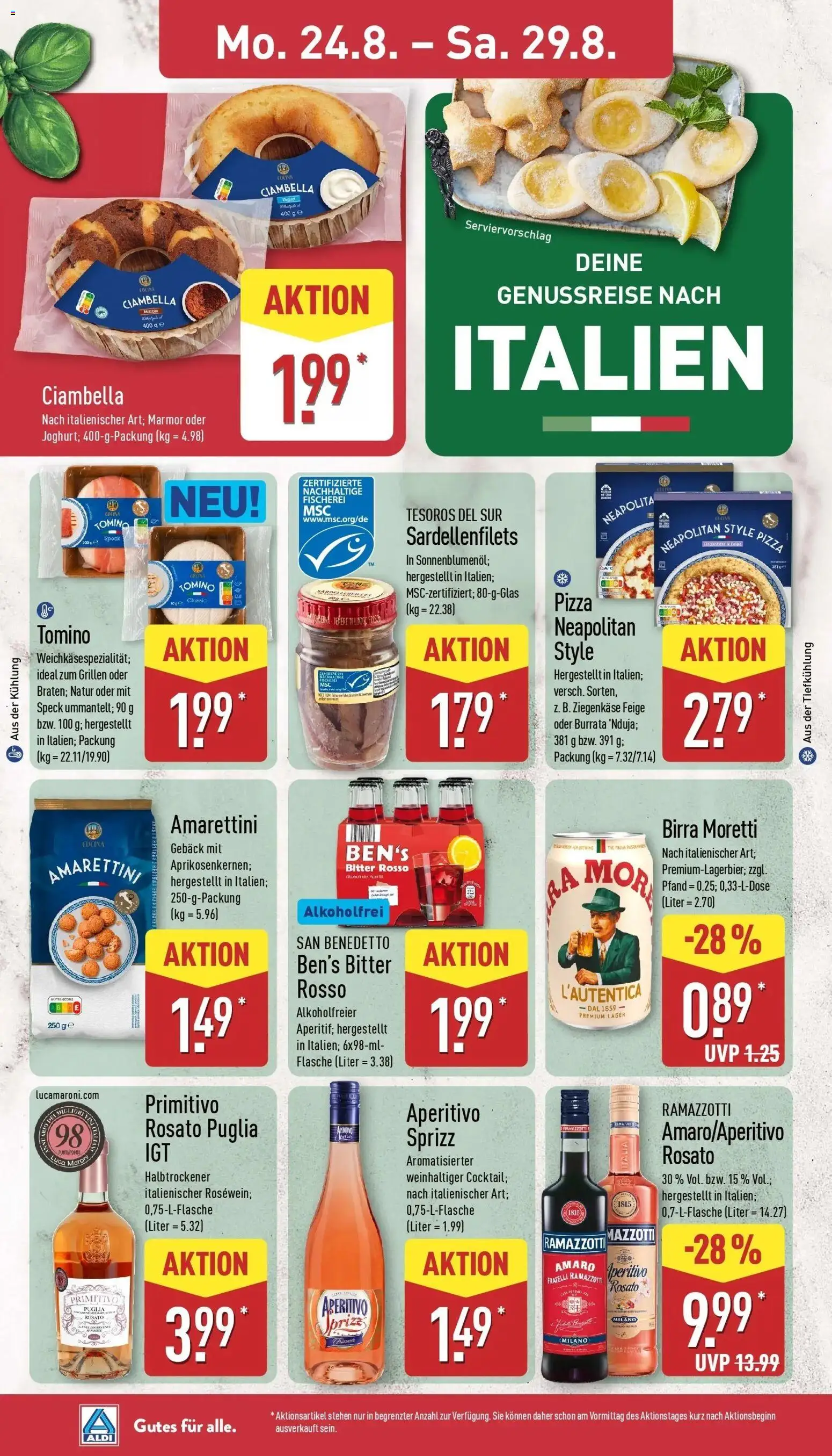 Aldi Aktueller Prospekt (ab 24.08.2026) » Angebote Online | Seite: 12 | Produkte: Ziegenkäse, Burrata, Pizza, Ramazzotti
