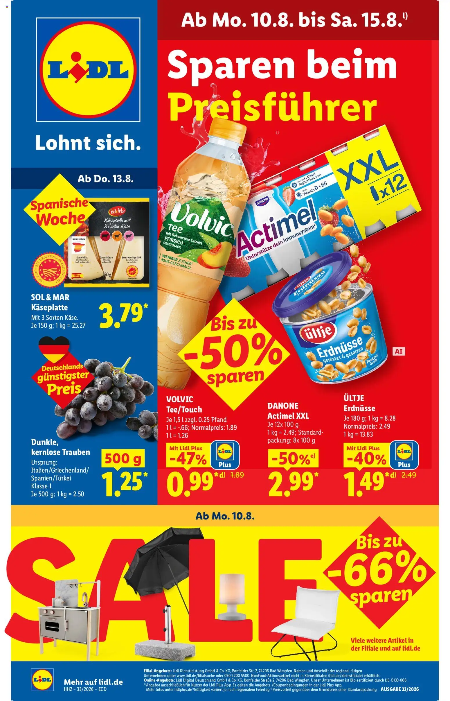 Lidl Prospekt – gültig ab 10.08.2026 | Seite: 1 | Produkte: Erdnüsse, Käse, Pfirsich, Volvic