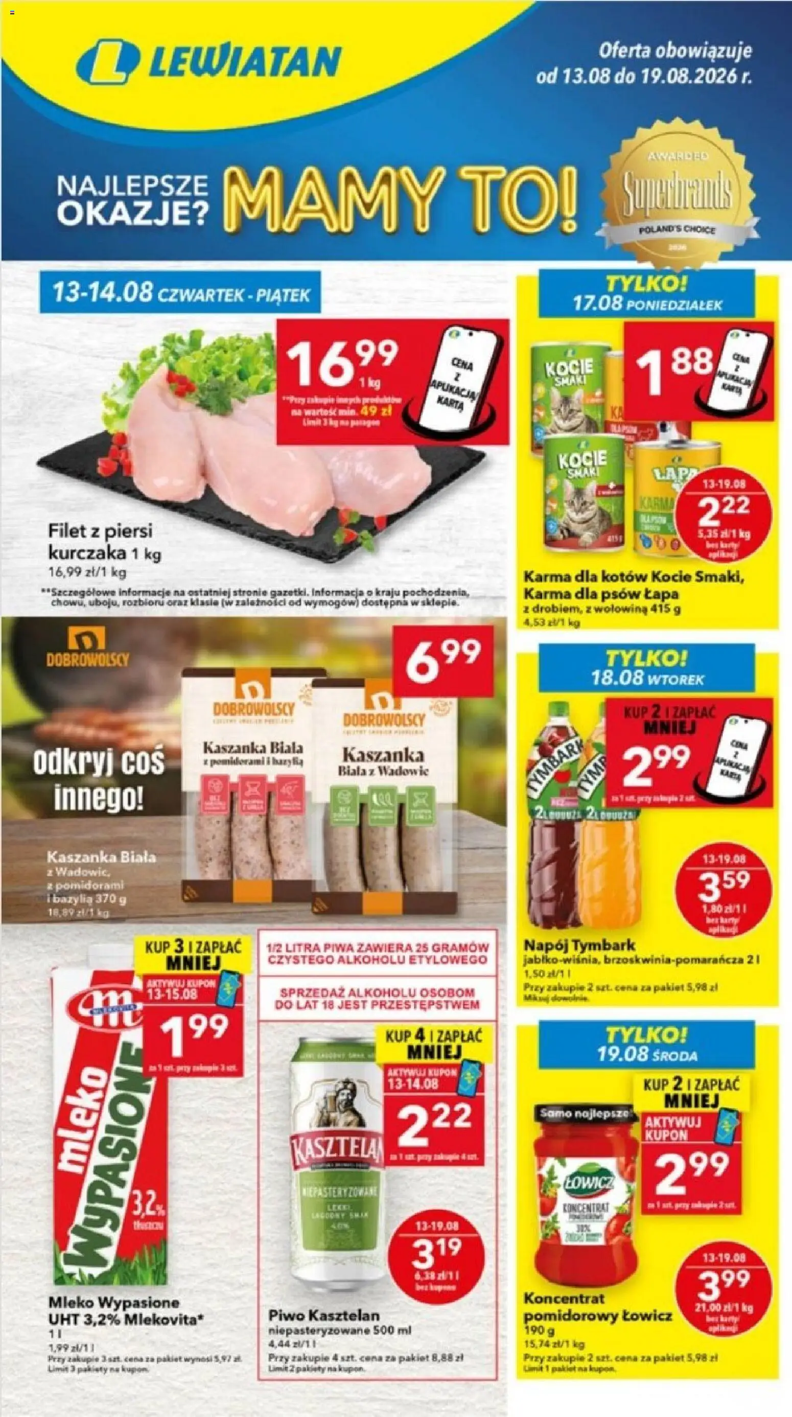 Lewiatan gazetka - Lublin od 13.08.2026 | Strona: 1 | Produkty: Tymbark, Mleko niepasteryzowane, Piwo kasztelan, Filet