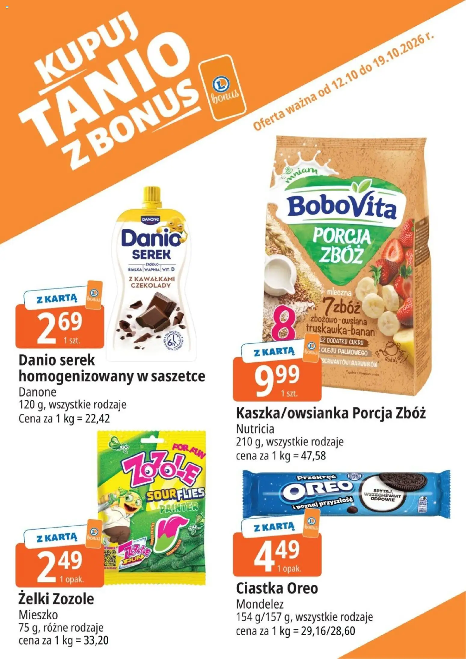 E.Leclerc gazetka - Kupuj Tanio Z Bonus od 12.10.2026 | Strona: 1 | Produkty: Karta, Ciastka Oreo, Żelki, Ciastka