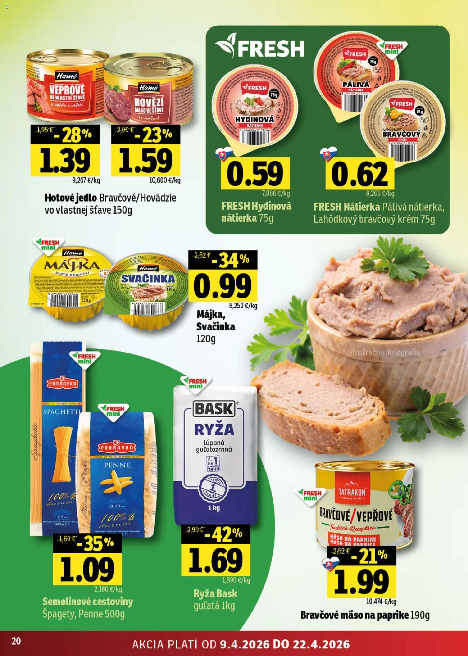 Nové Fresh akcie – leták je platný od 09.04.2026 | Strana: 20 | Produkty: Penne, Cestoviny, Bravčové mäso, Krém