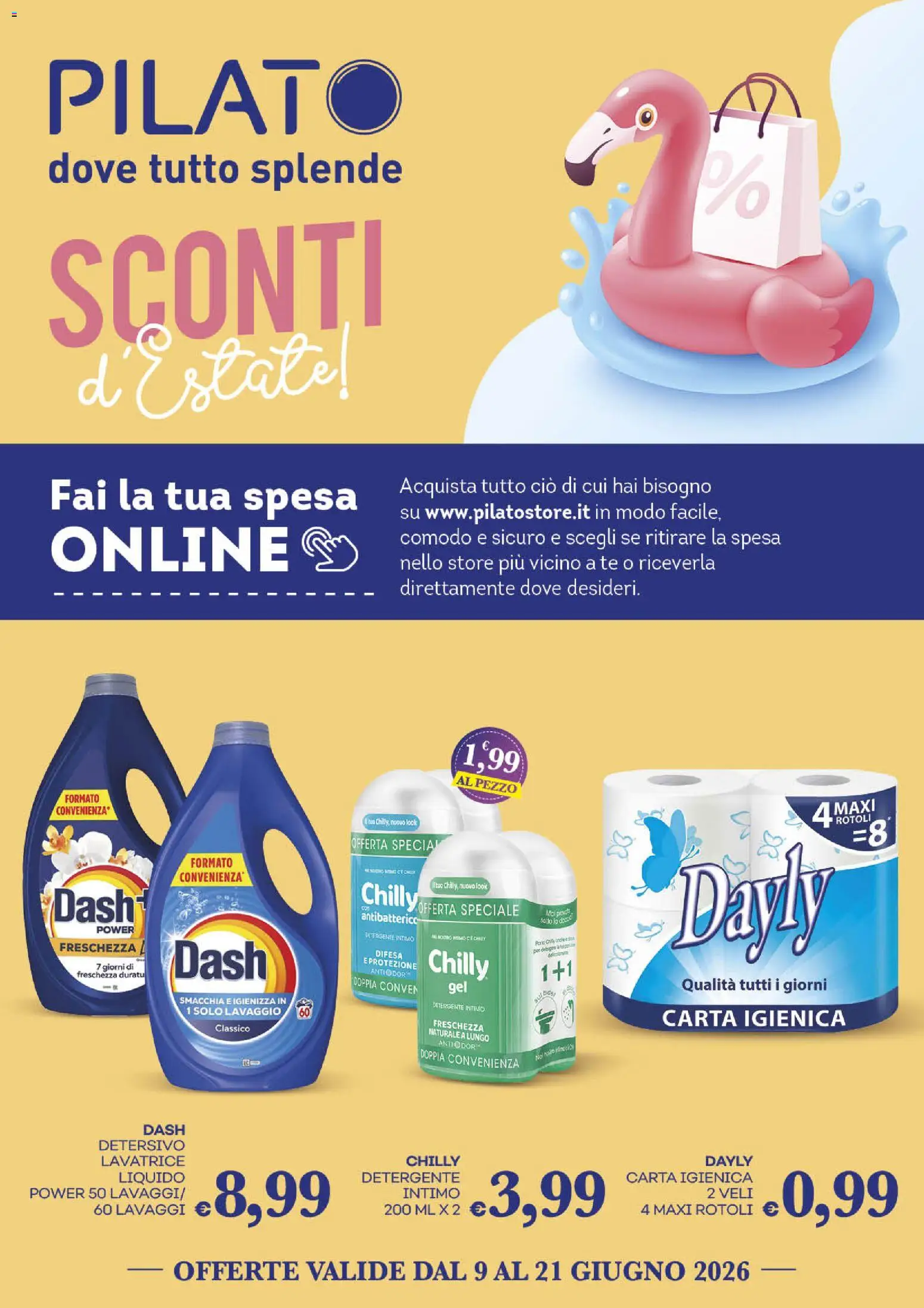 Volantino Pilato del 09.06.2026 | Pagina: 1 | Prodotti: Carta igienica, Tè, Intimo, Lavatrice