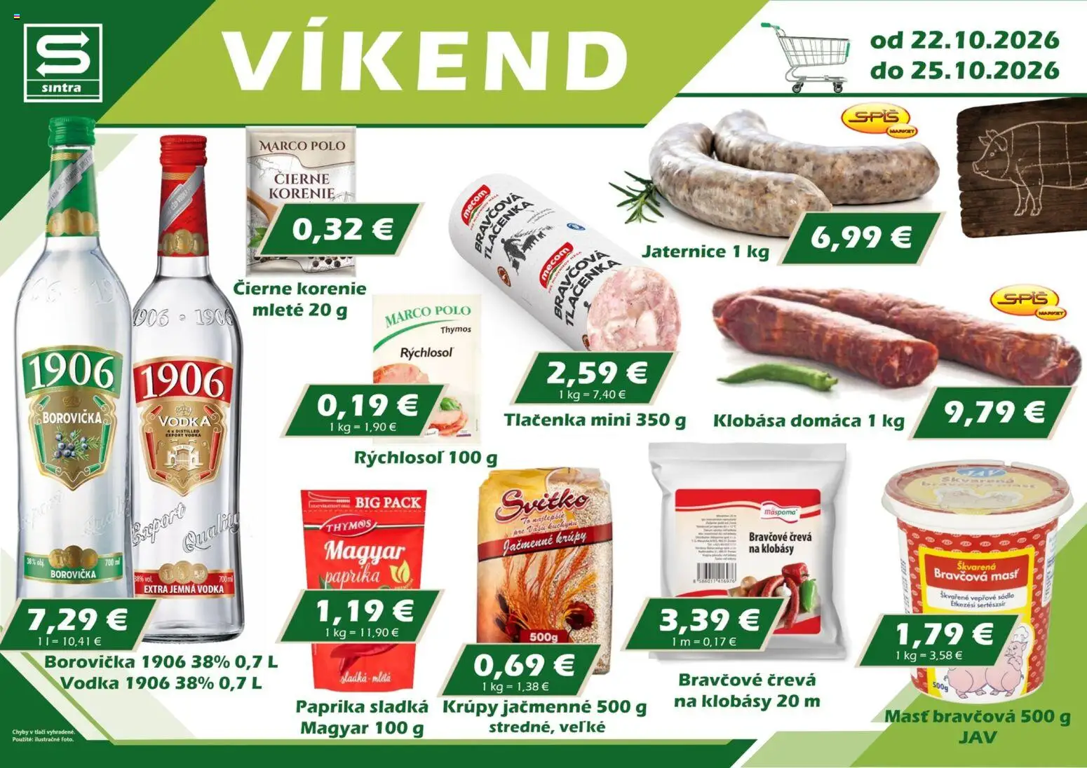 Nové Sintra akcie – leták je platný od 22.10.2026 | Strana: 1 | Produkty: Paprika, Klobása, Vodka, Korenie