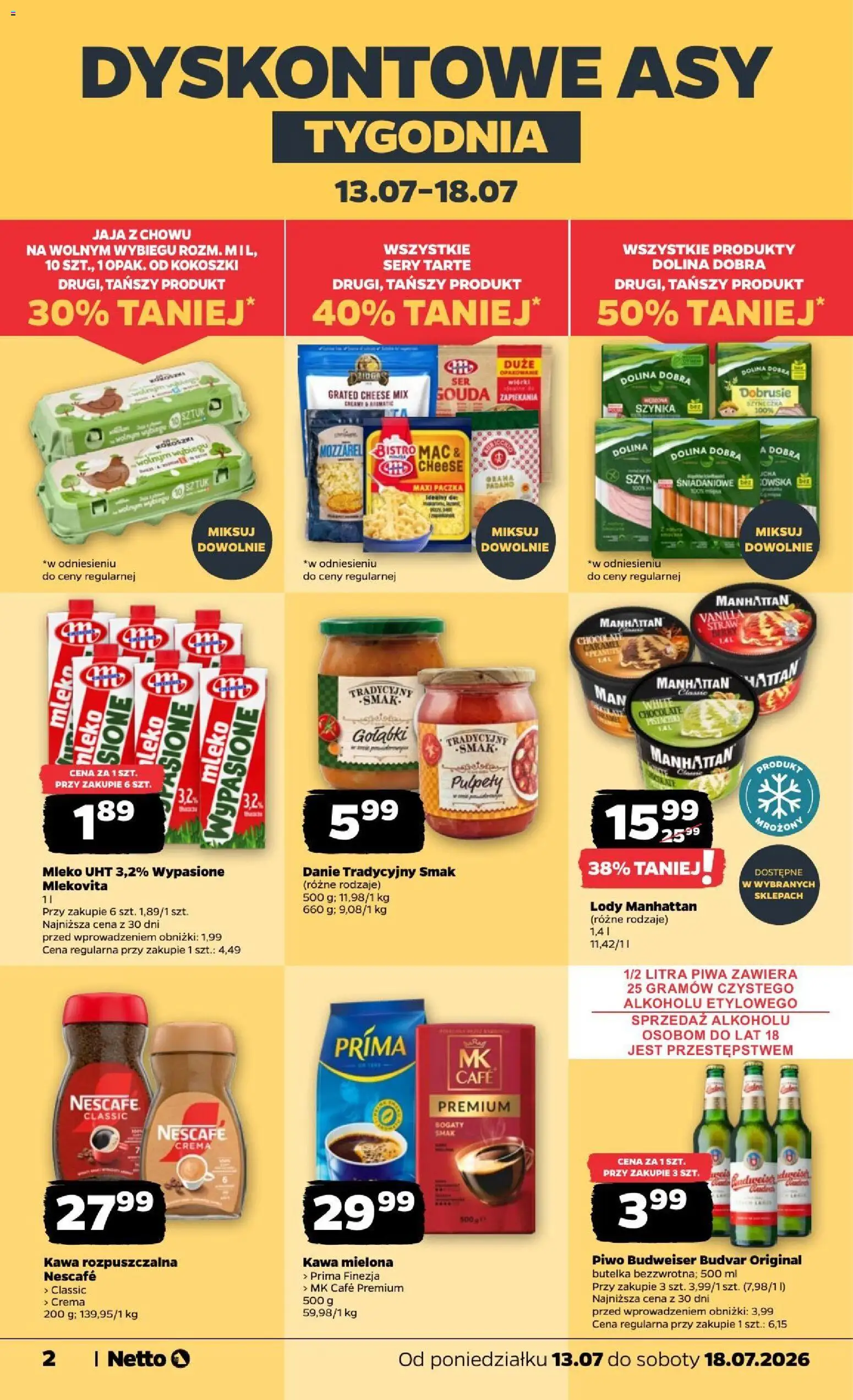 Netto gazetka od poniedziałku od 13.07.2026 | Strona: 2 | Produkty: Kawa rozpuszczalna, Lody manhattan, Mleko, Kawa