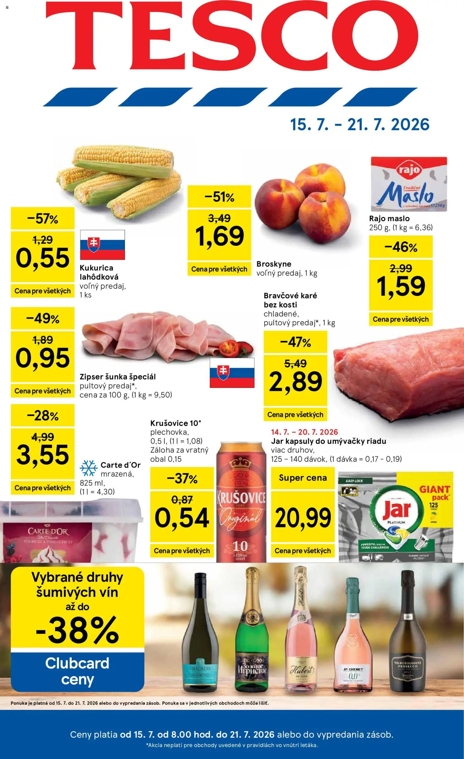 Nové Tesco akcie – leták je platný od 15.07.2026 | Strana: 1 | Produkty: Maslo, Prosecco, Krušovice, Kapsuly do umývačky riadu