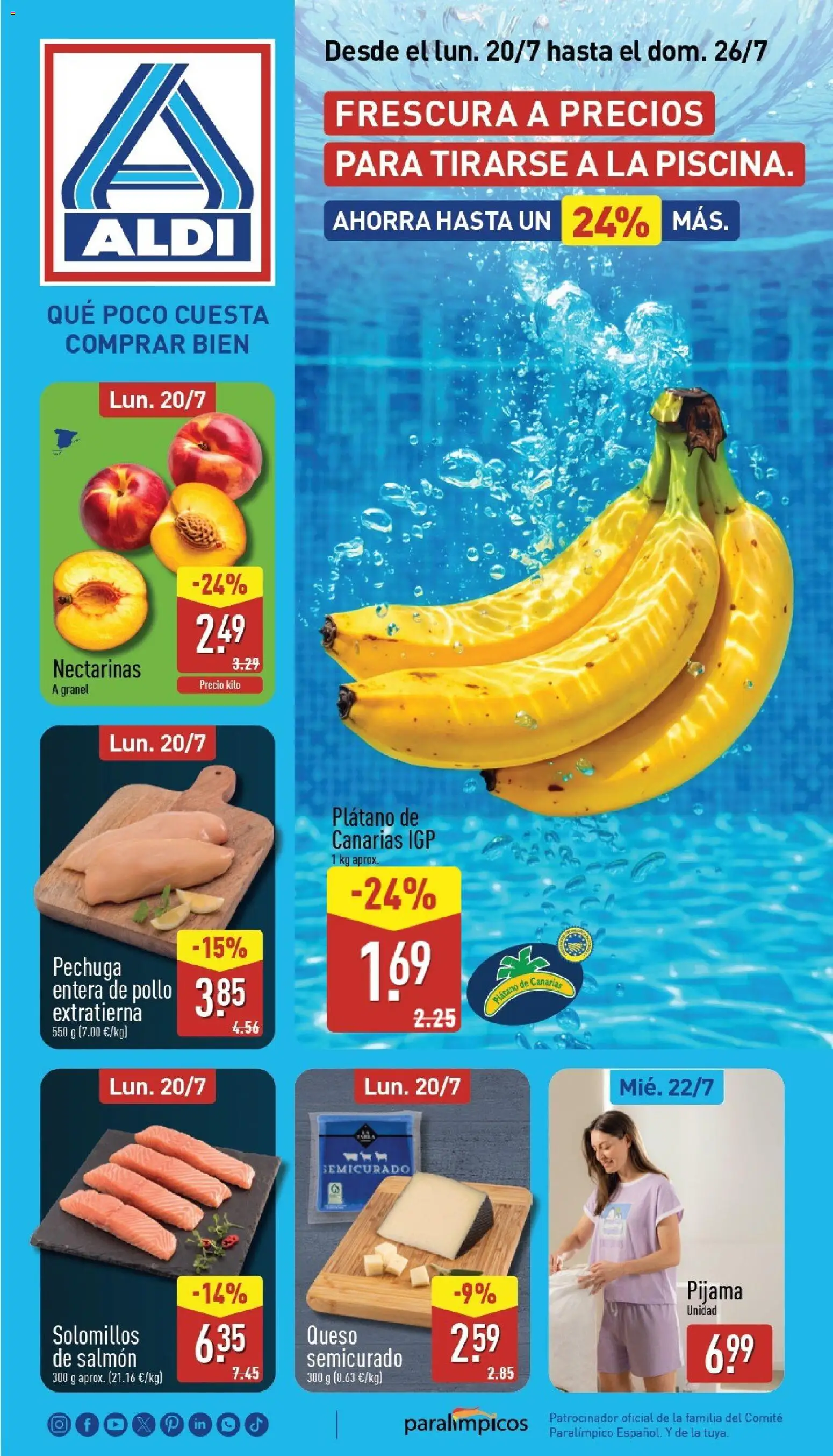 Aldi folleto Canarias │ válido desde el 20/07/2026 | Página: 1 | Productos: Pijama, Queso, Bananas