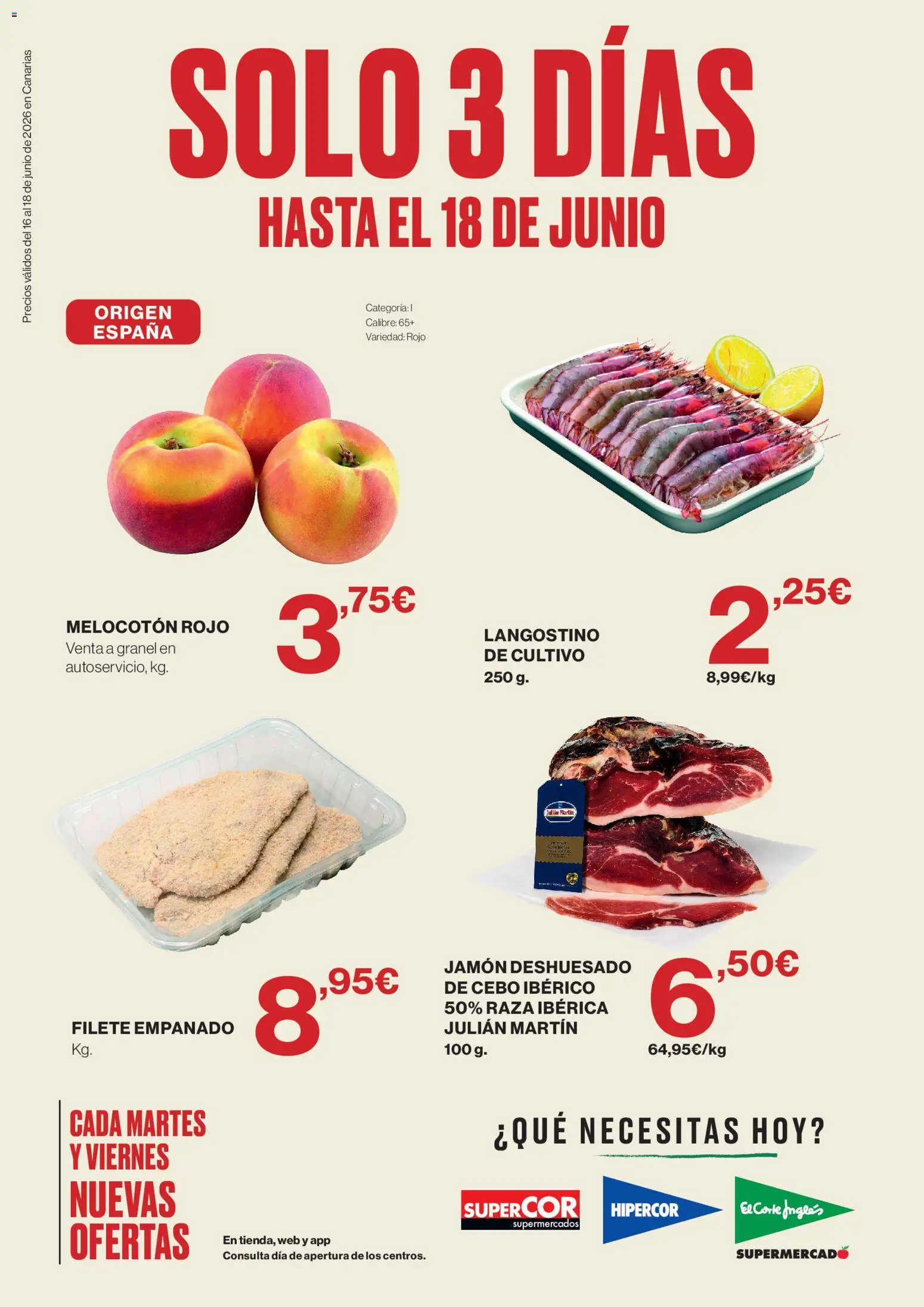 Supercor Canarias │ válido desde el 16.06.2026 | Página: 1 | Productos: Jamón, Melocotón rojo, Filete, Langostino