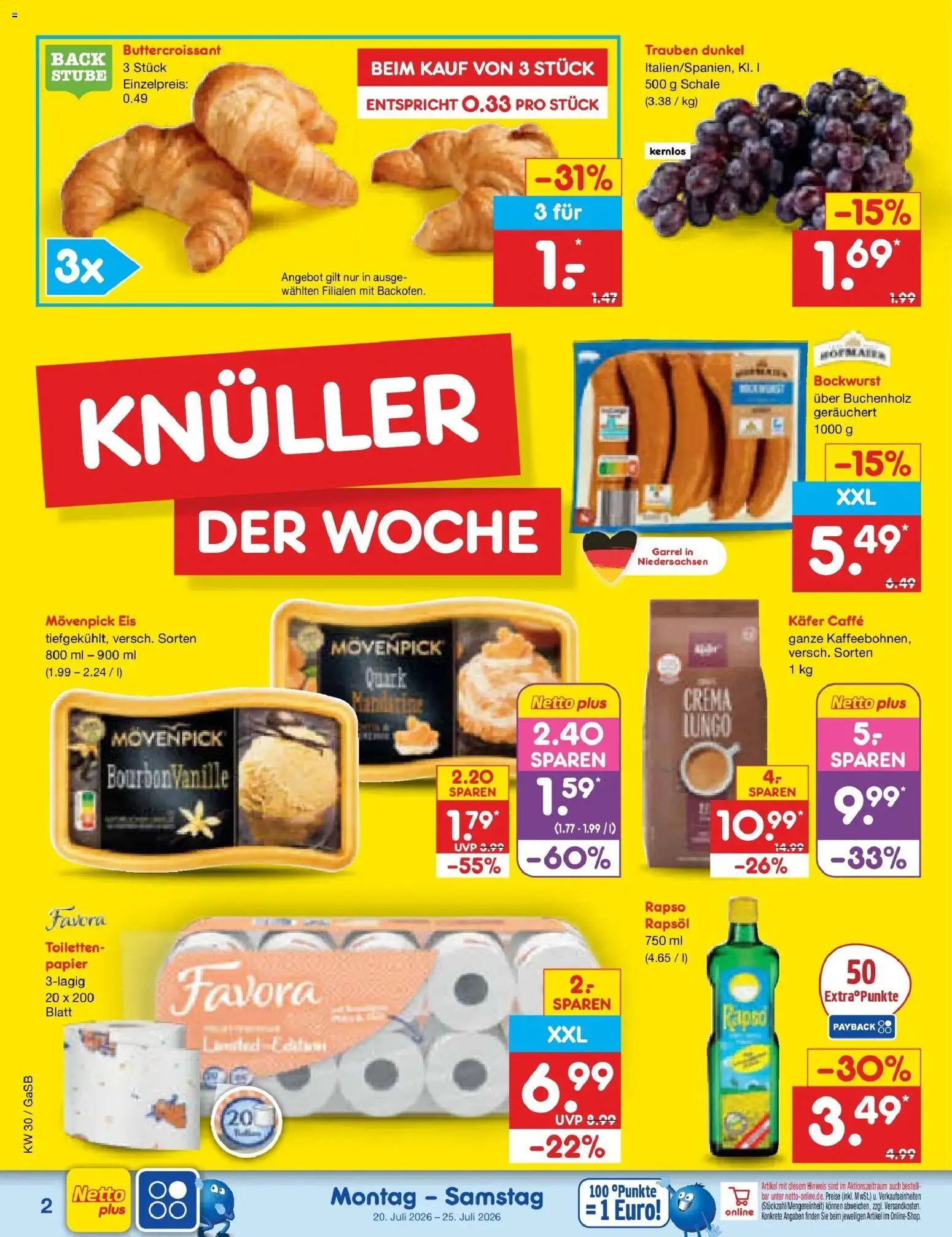 Netto Marken-Discount Prospekt Bremen-Lesum – gültig ab 20.07.2026 | Seite: 2 | Produkte: Bockwurst, Quark, Movenpick eis, Eis