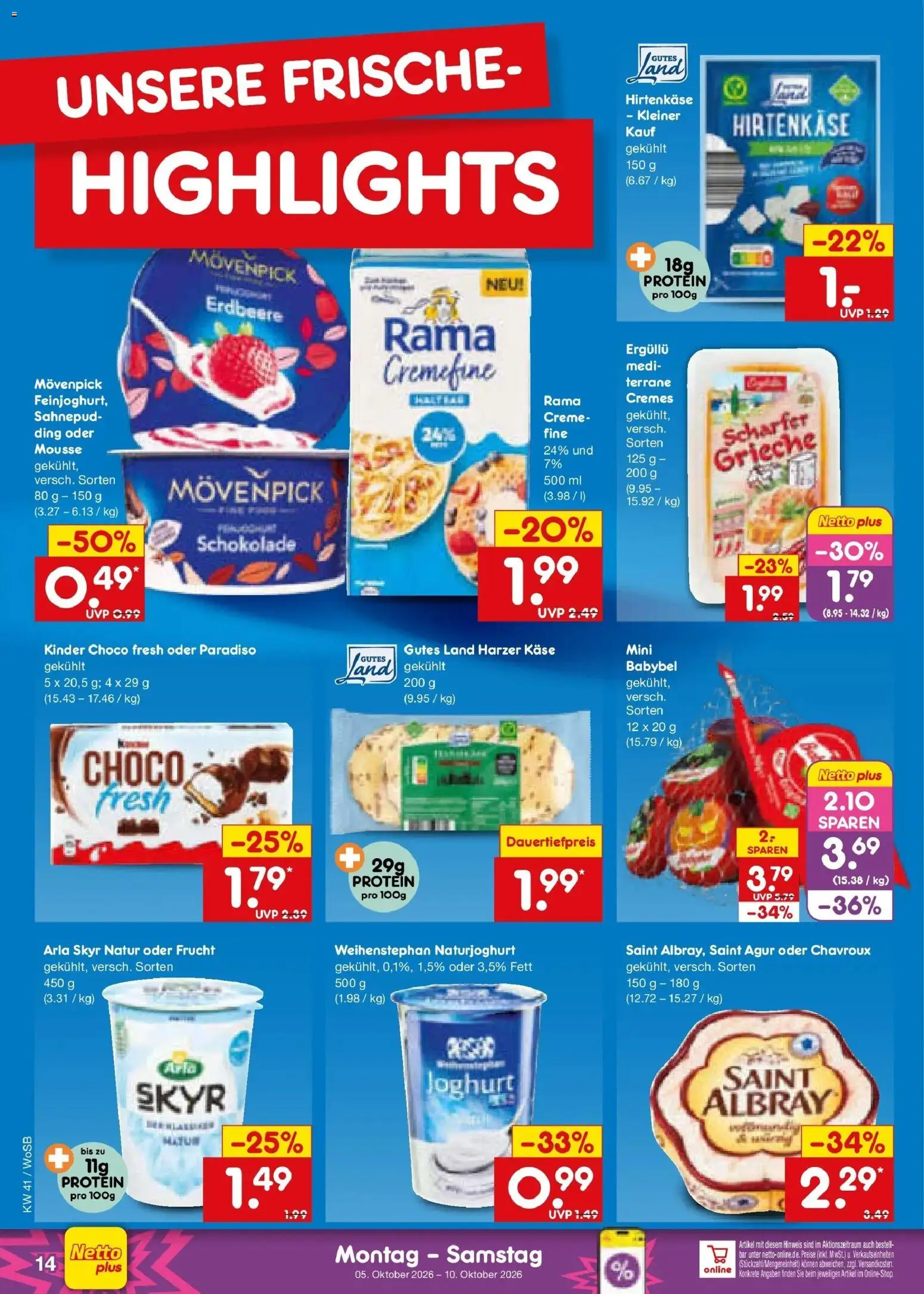 Netto Marken-Discount Prospekt Ludwigshafen-Edigheim (ab 05.10.2026) » Angebote | Seite: 14 | Produkte: Rama, Käse, Schokolade, Arla skyr