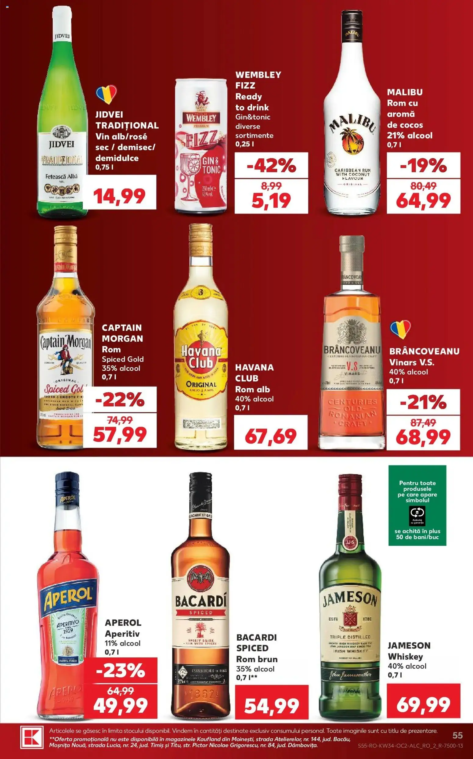 Kaufland Viseu de Sus 19.08.2026 - Revista si Oferta | Pagină: 55 | Produse: Malibu, Rom alb, Vin, Whiskey