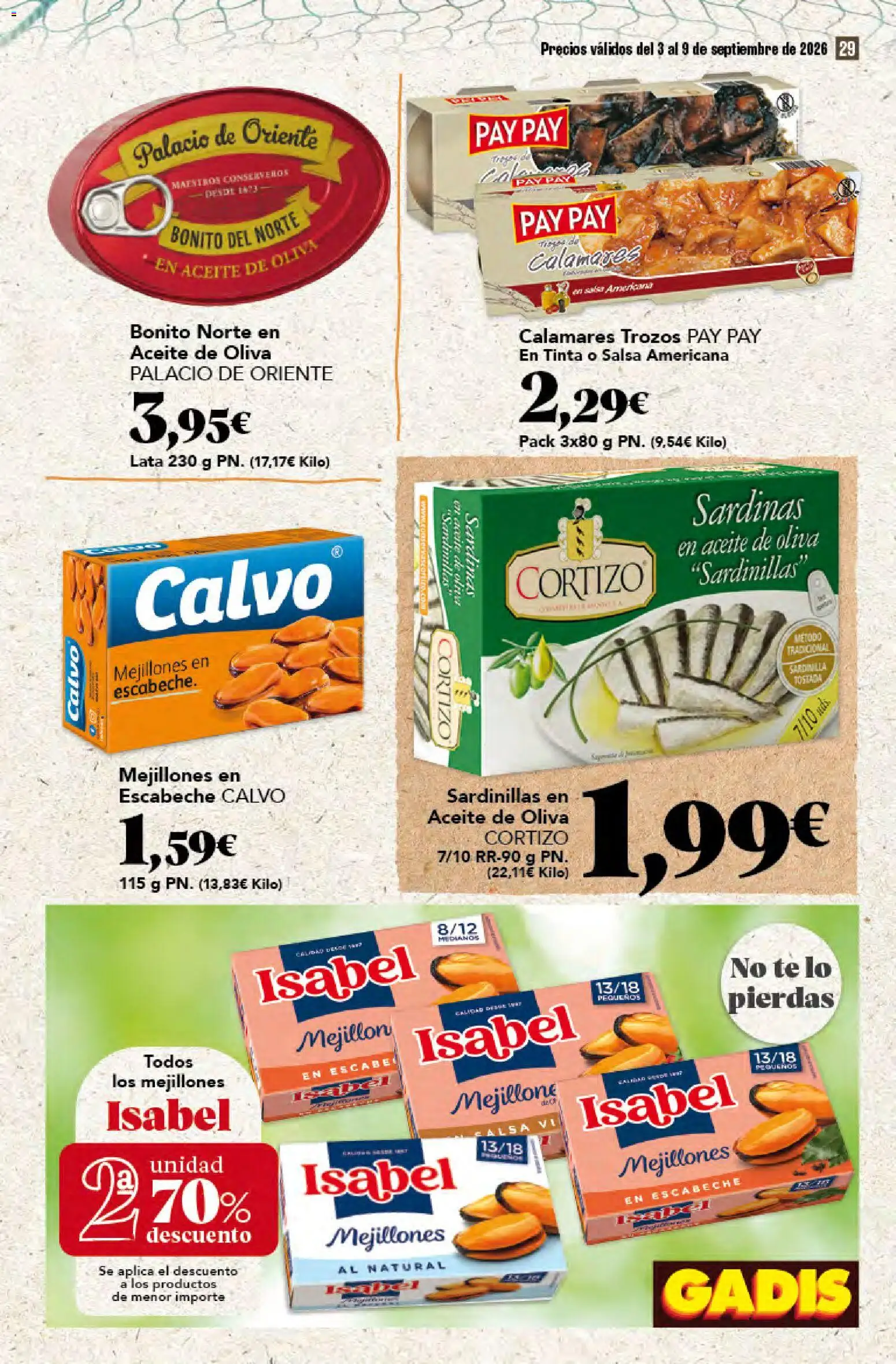 Gadis folleto │ válido desde el 03/09/2026 | Página: 29 | Productos: Calamares, Aceite, Té, Aceite de oliva