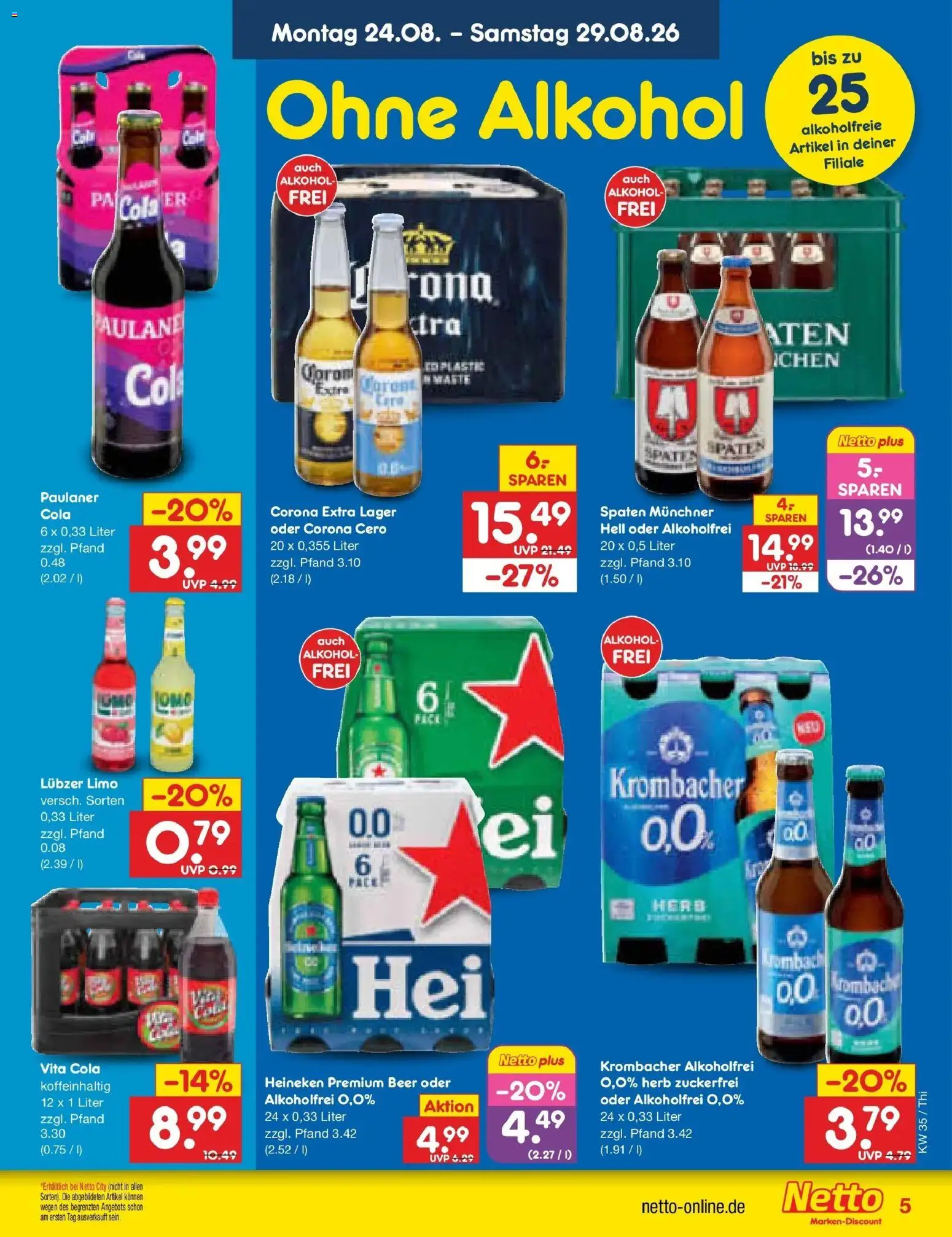 Netto Marken-Discount Prospekt Thiendorf – gültig ab 24.08.2026 | Seite: 5 | Produkte: Cola, Krombacher alkoholfrei, Lubzer, Paulaner