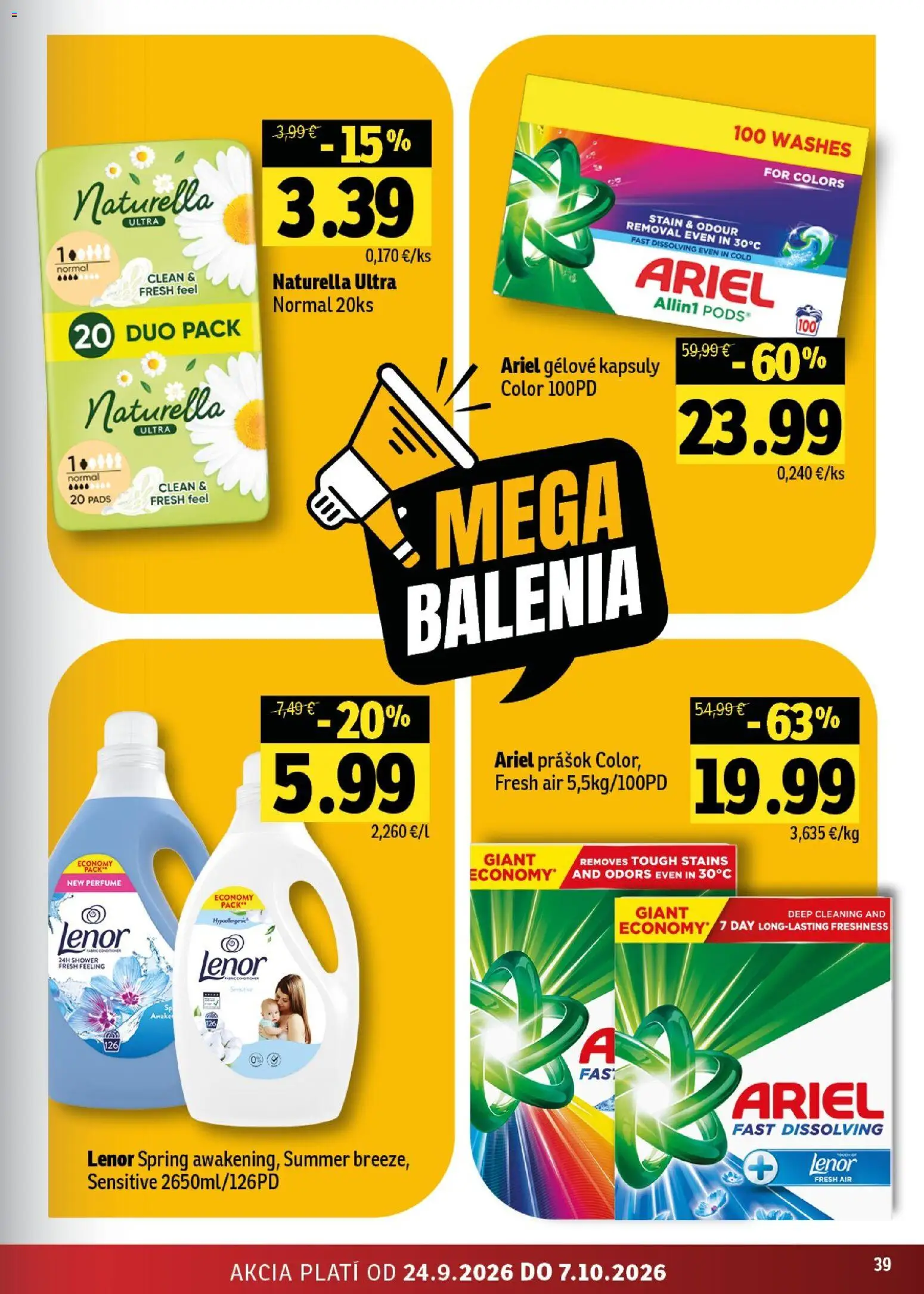 Nové Fresh akcie – leták je platný od 24.09.2026 | Strana: 39 | Produkty: Ariel, Lenor