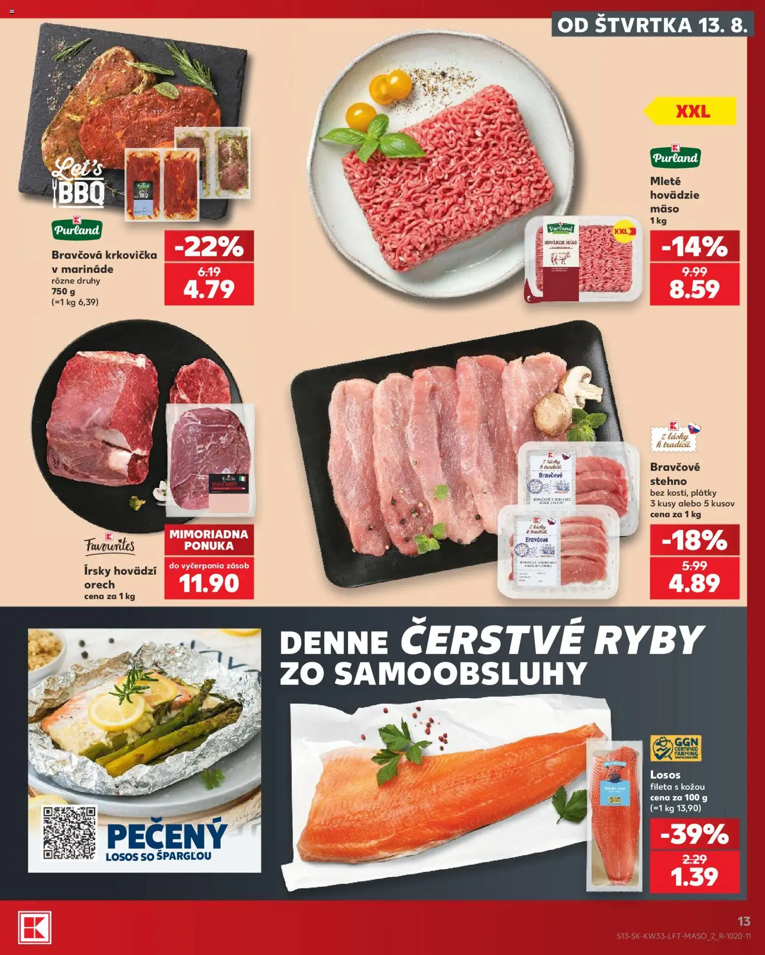 Nové Kaufland akcie – leták je platný od 13.08.2026 | Strana: 13 | Produkty: Hovädzie mäso, Mäso, Losos, Krkovička