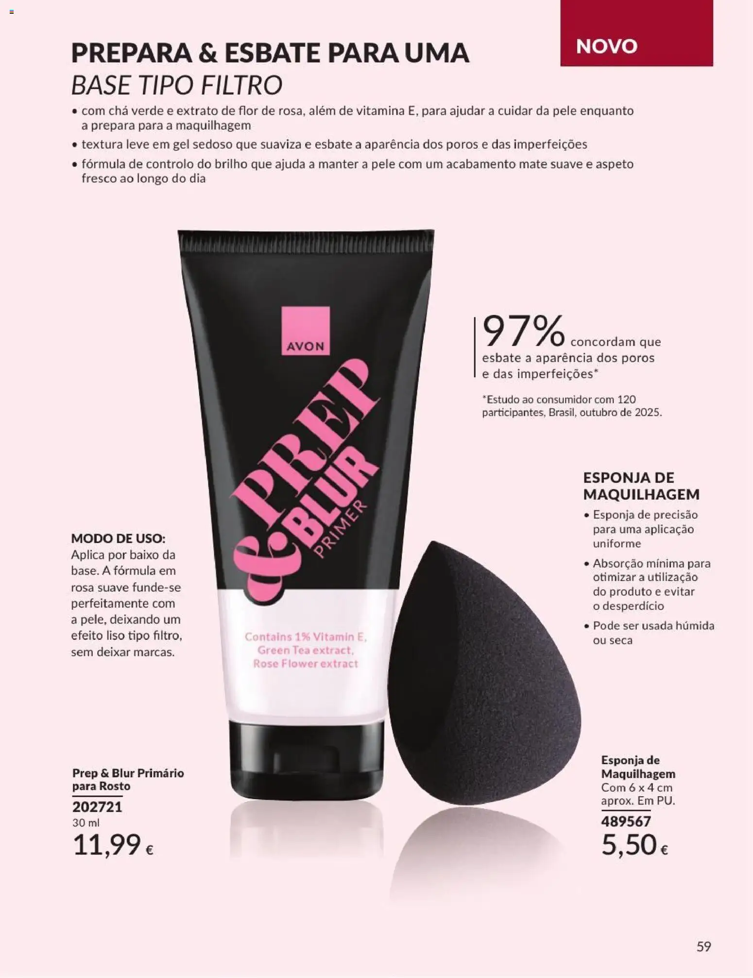 Catálogo Avon Campanha 9 │ válido de 01/09/2026 | Página: 59 | Produtos: Esponja, Primer, Base, Chá