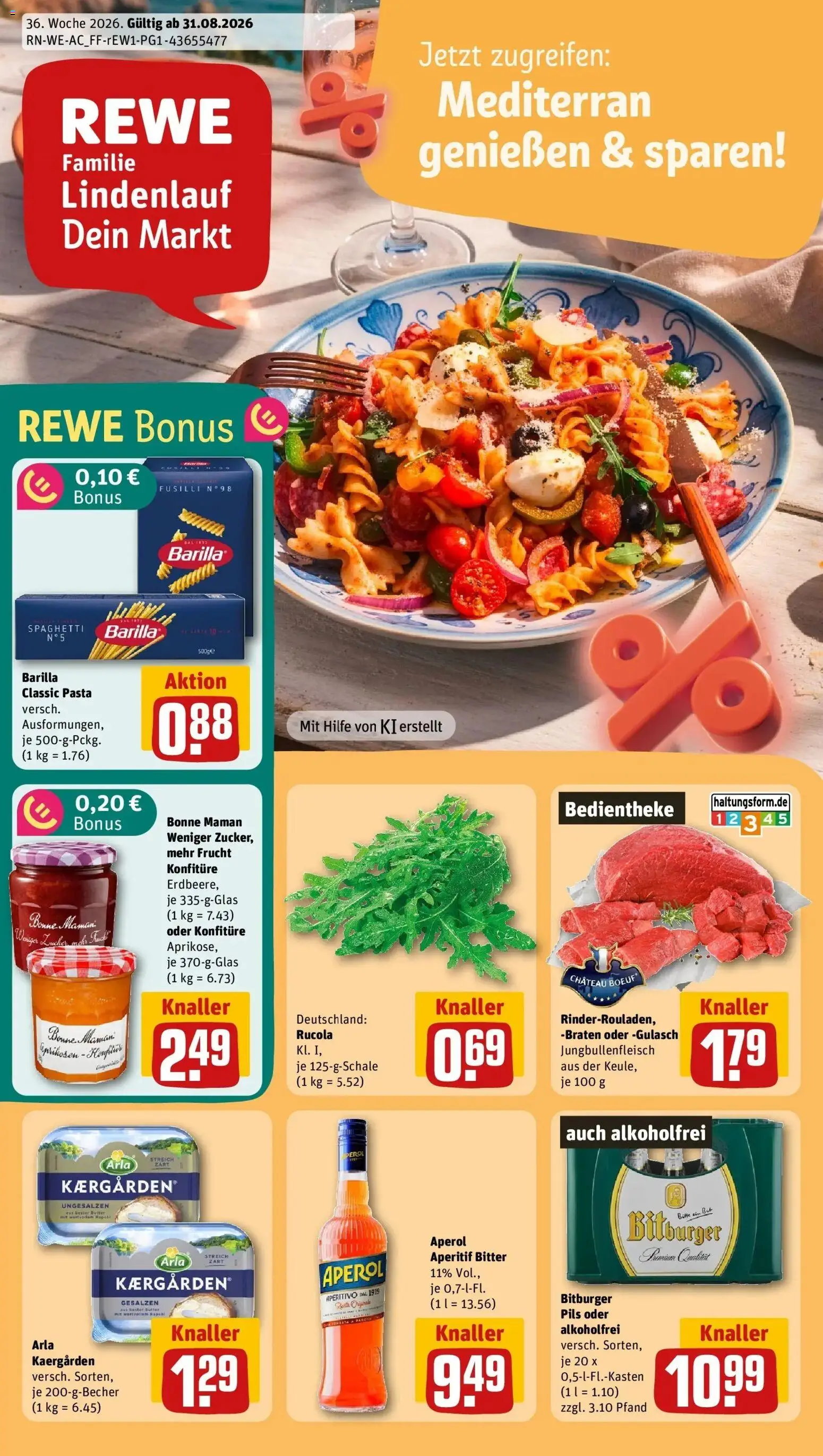 REWE Prospekt ab 31.08.2026 zum Blättern » Angebote | Seite: 1 | Produkte: Rucola, Gulasch, Zucker, Bonne maman